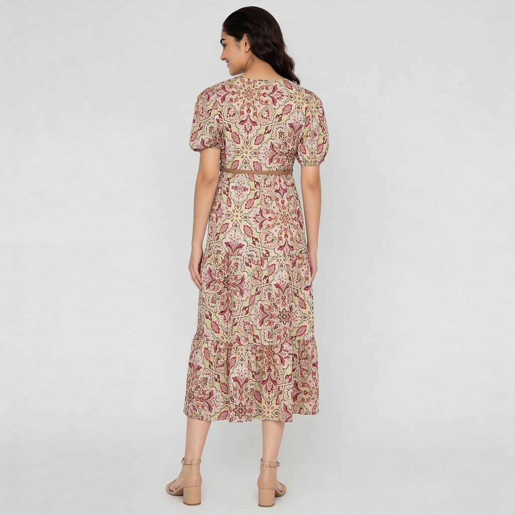 Printed V-Neck Tiered Dress
