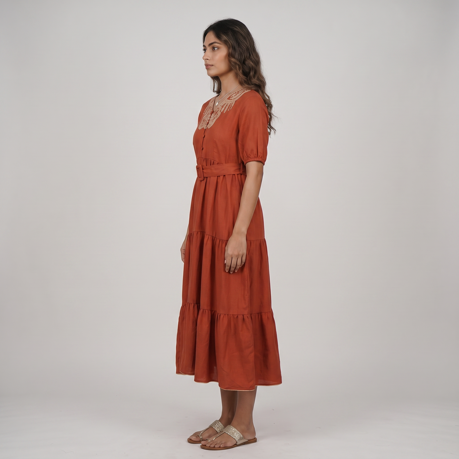 Embroidered V-Neck Tiered Dress