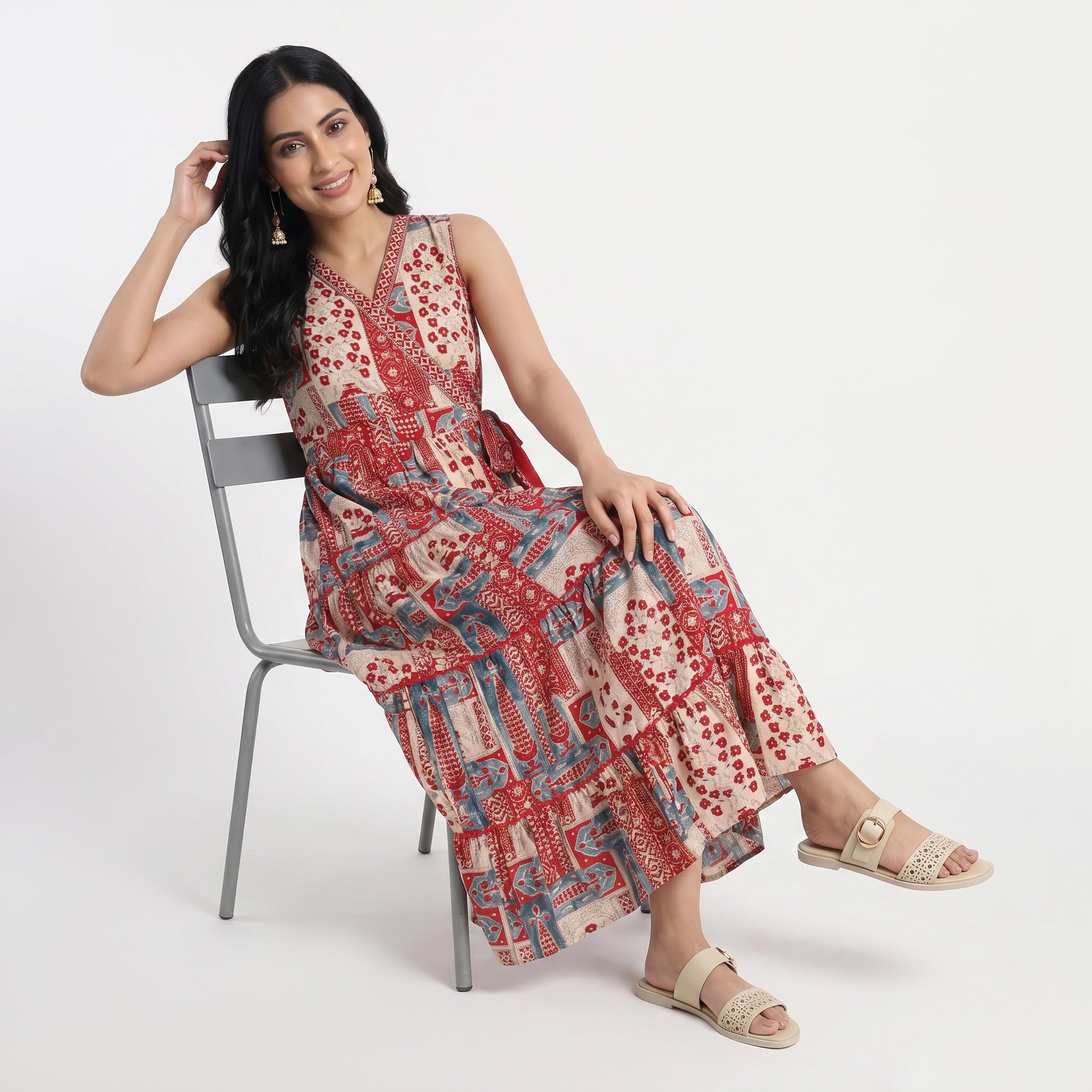 Printed V-Neck Tiered Dress
