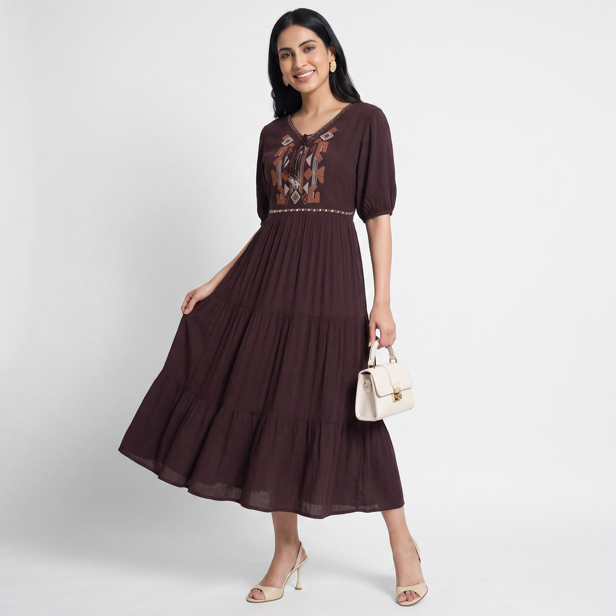 Embroidered V-Neck Flared Dress