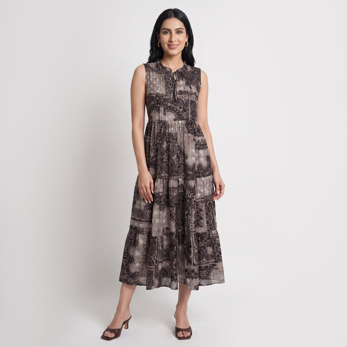 Printed Ruffel Neck Flared Dress