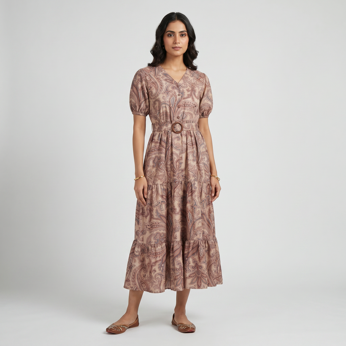 Printed V-Neck Tiered Dress