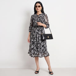 Printed Band Neck Flared Dress