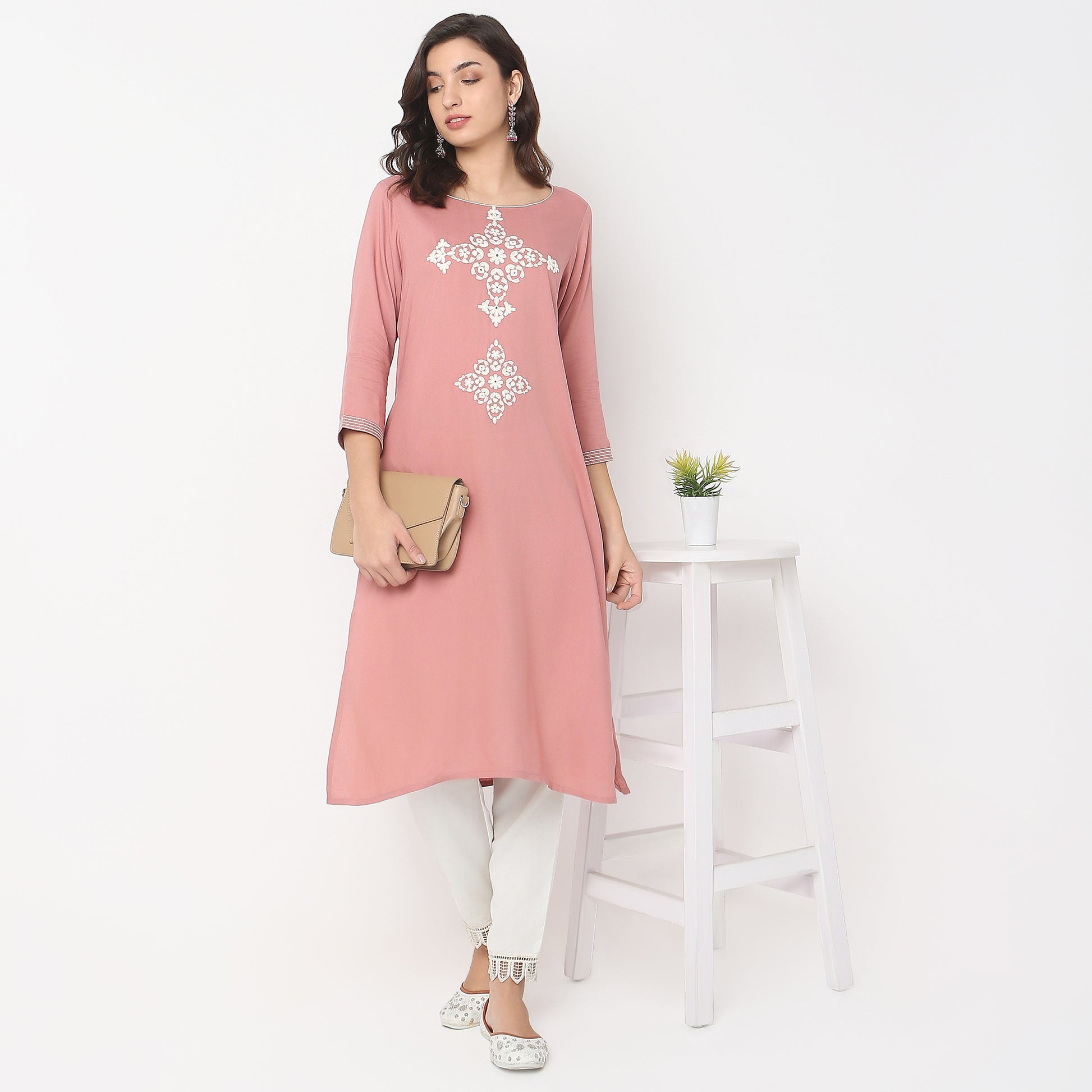 Straight Fit Embroidered Below Knee Boat Neck Table Kurta