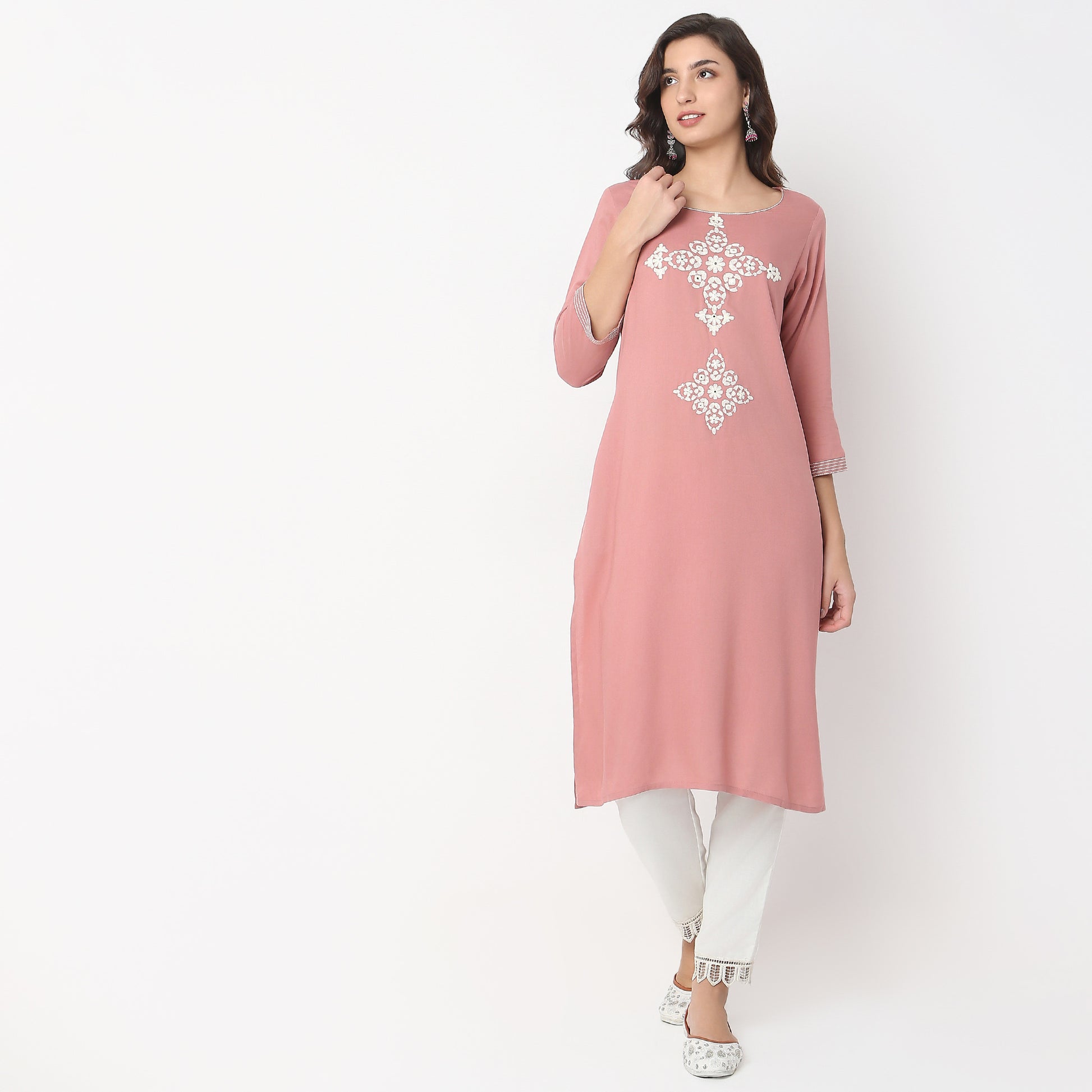 Straight Fit Embroidered Below Knee Boat Neck Table Kurta