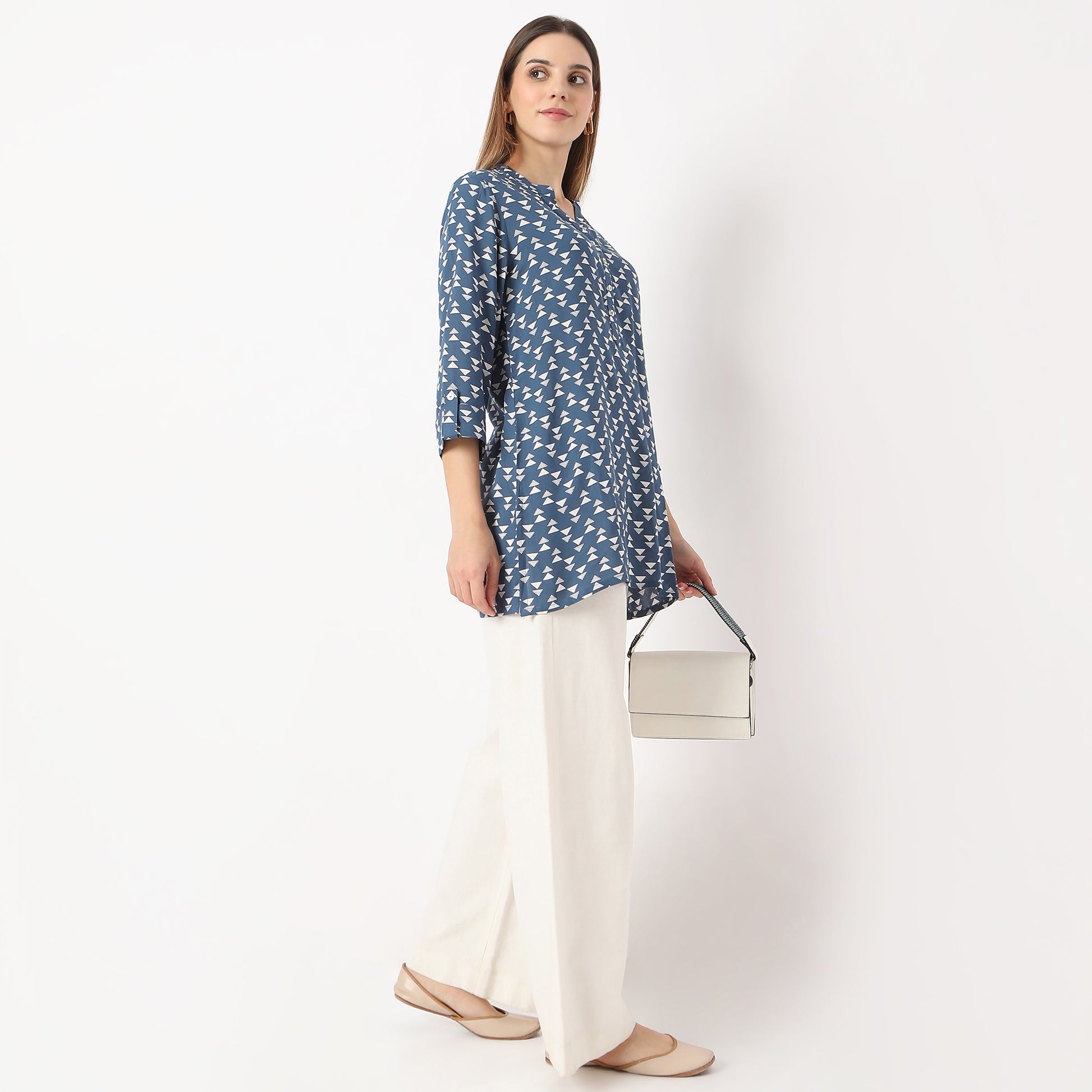 Straight Fit Printed Short Length Band Collar Short Kurta