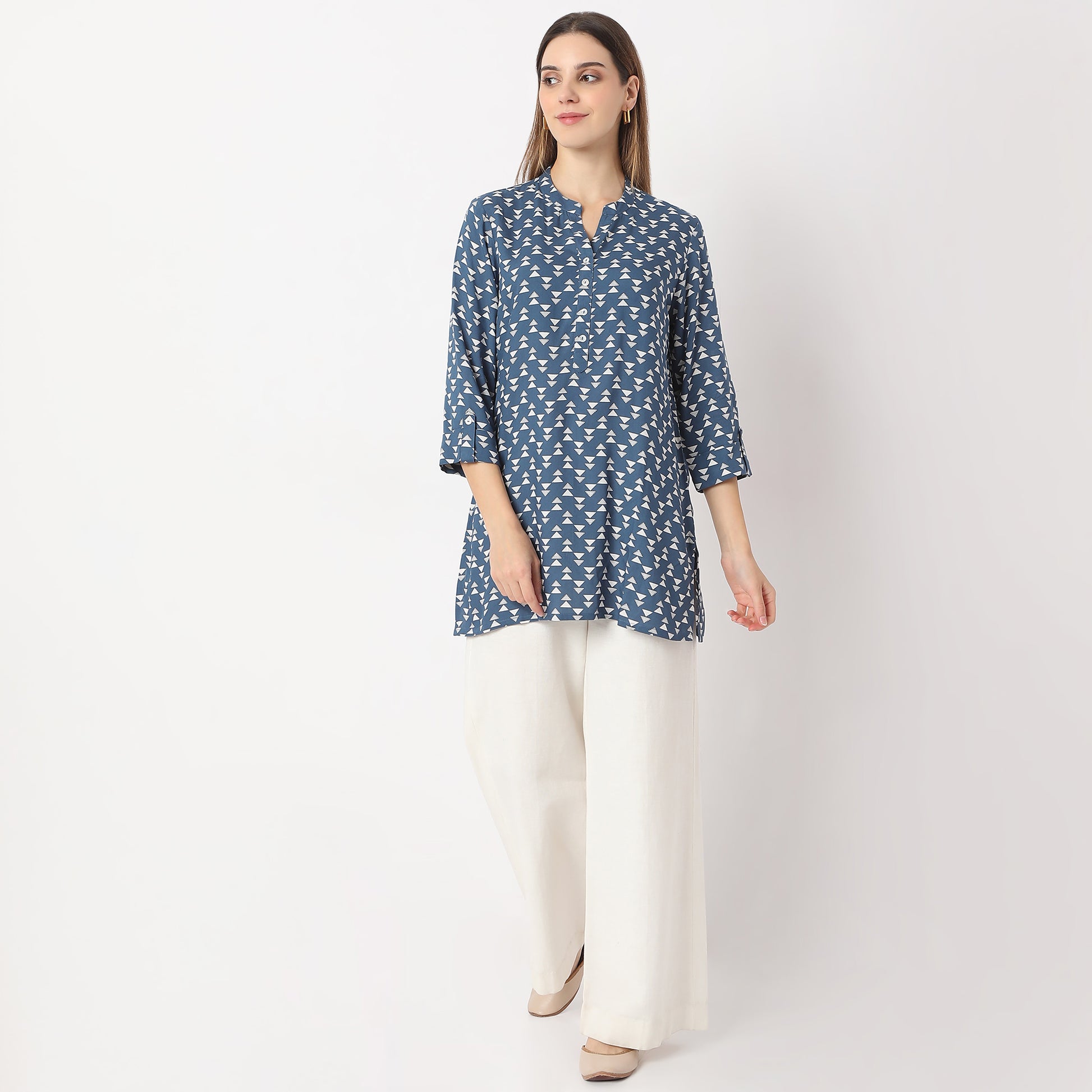 Straight Fit Printed Short Length Band Collar Short Kurta