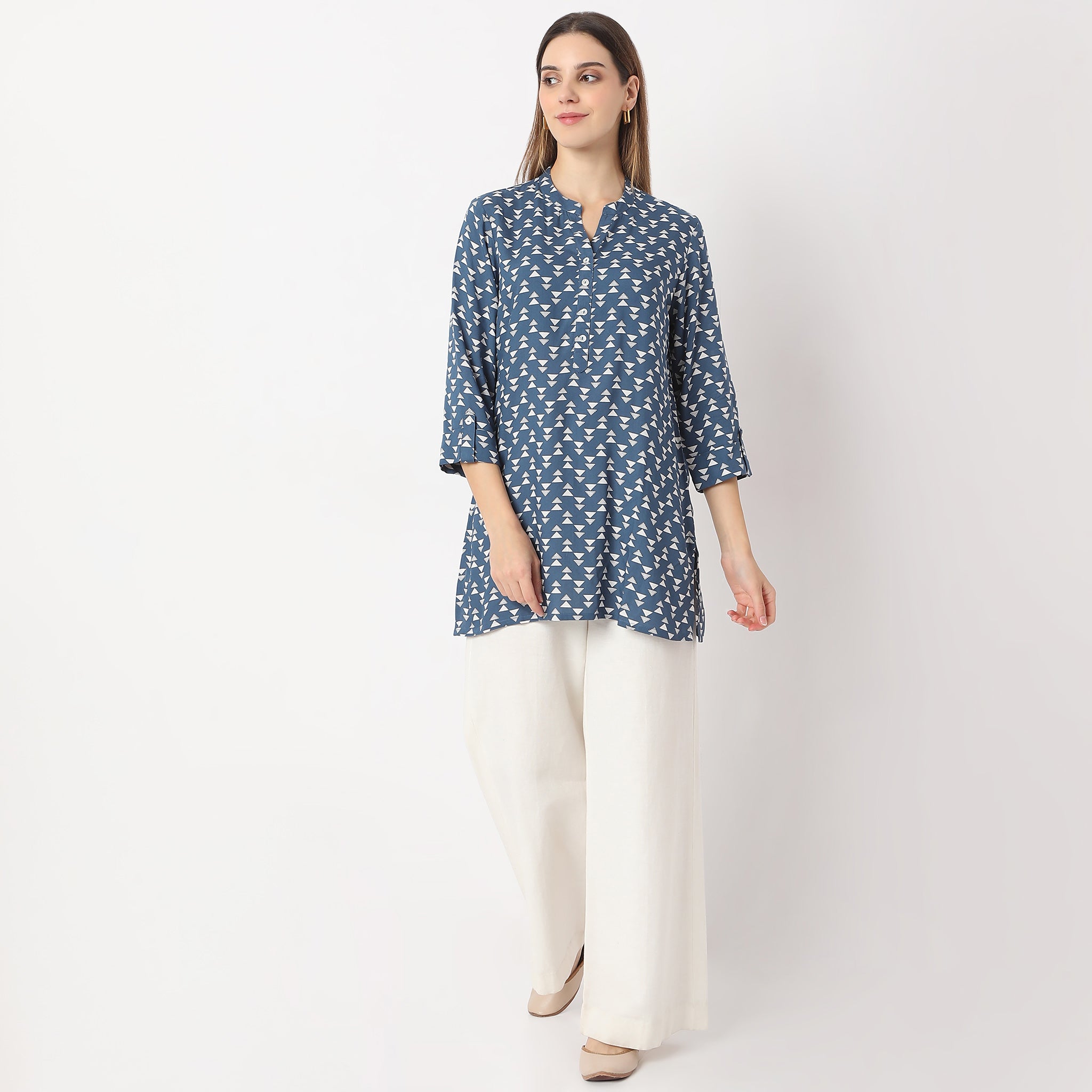 Straight Fit Printed Short Length Band Collar Short Kurta