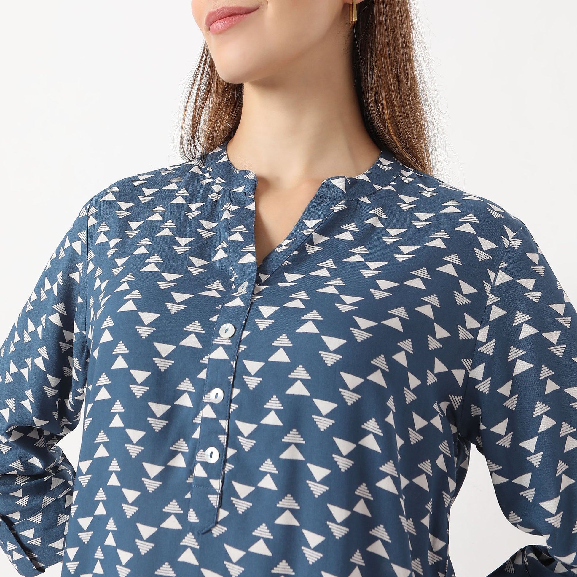 Straight Fit Printed Short Length Band Collar Short Kurta