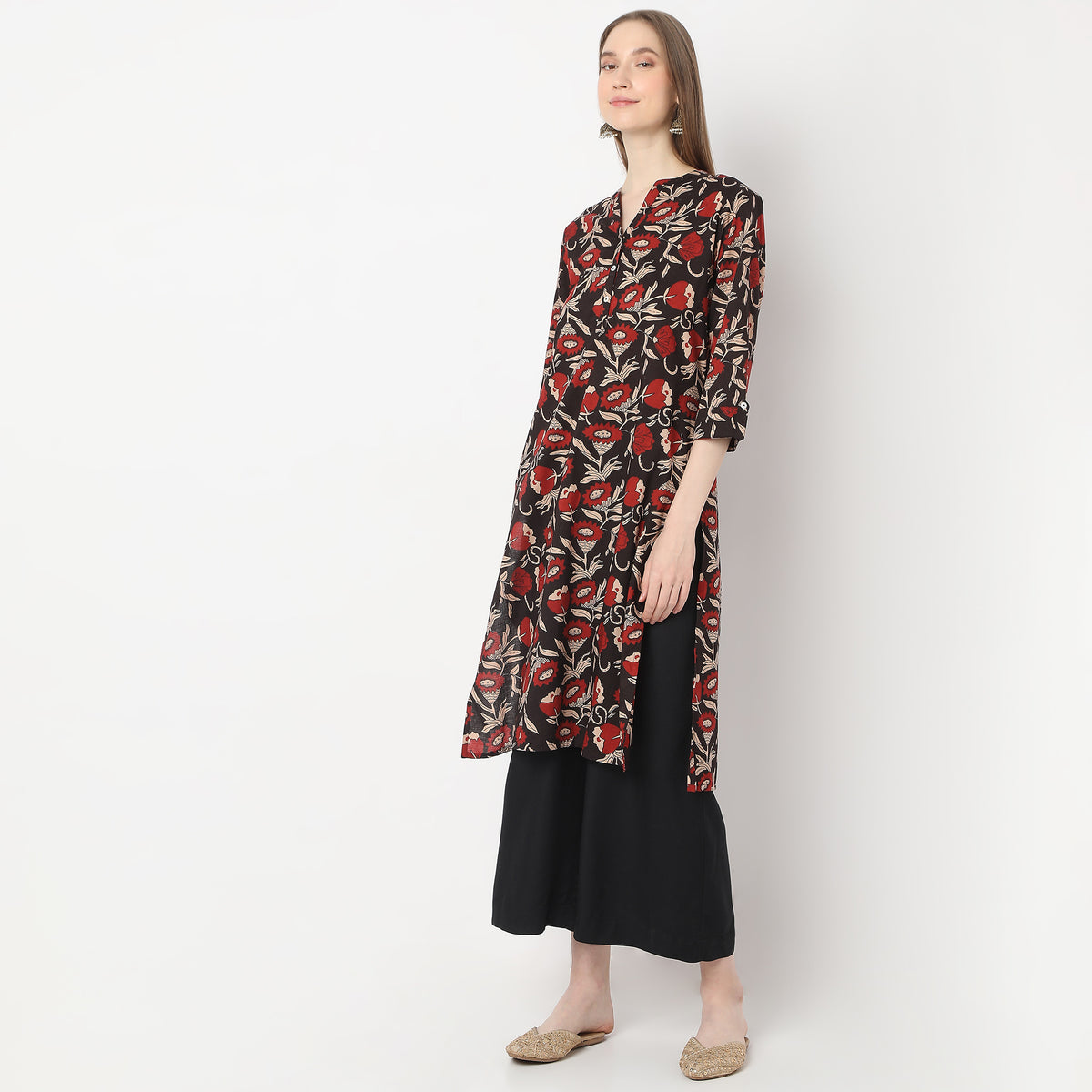 Printed Above Knee Band Collar Straight Table Kurta