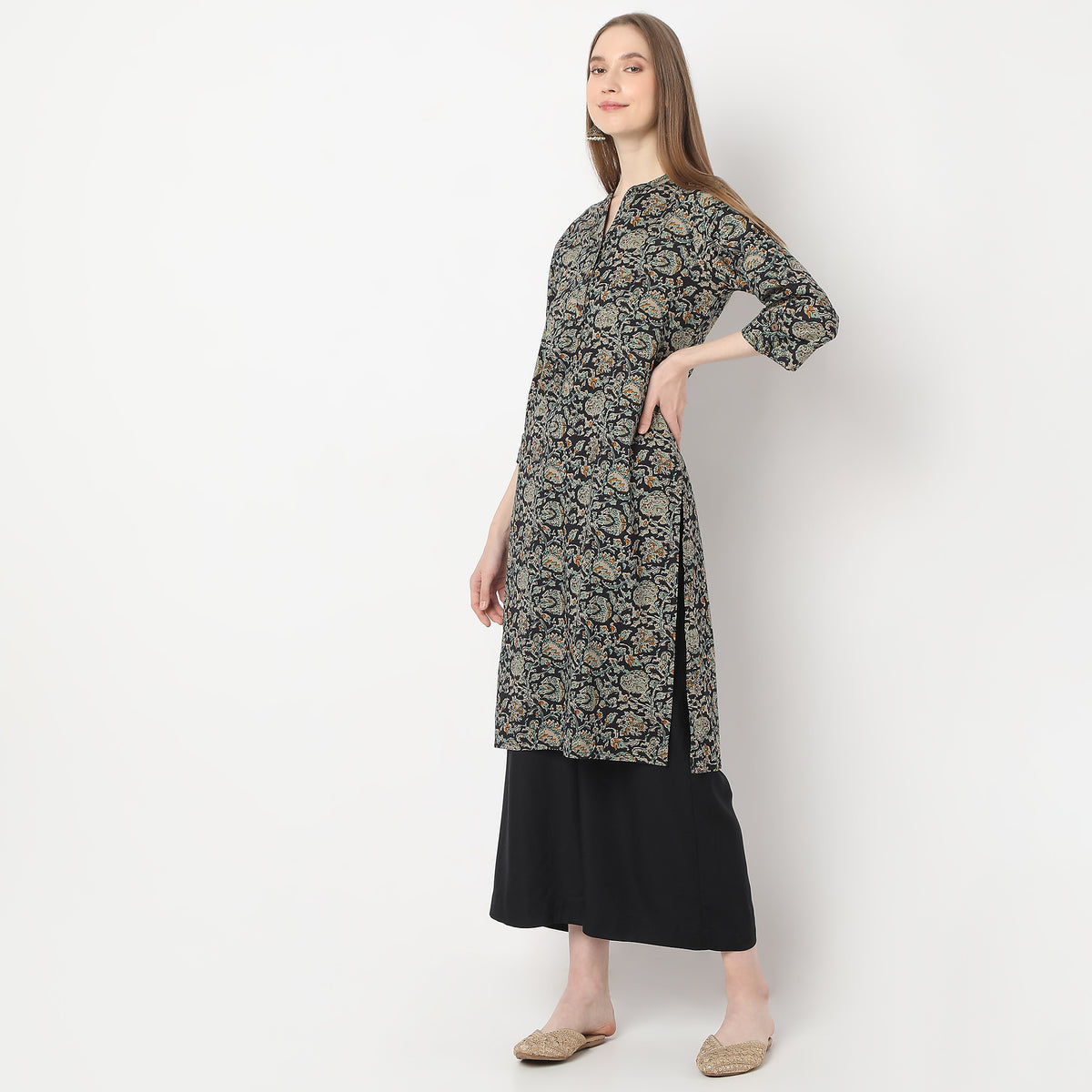 Printed Below Knee Band Collar Straight Table Kurta