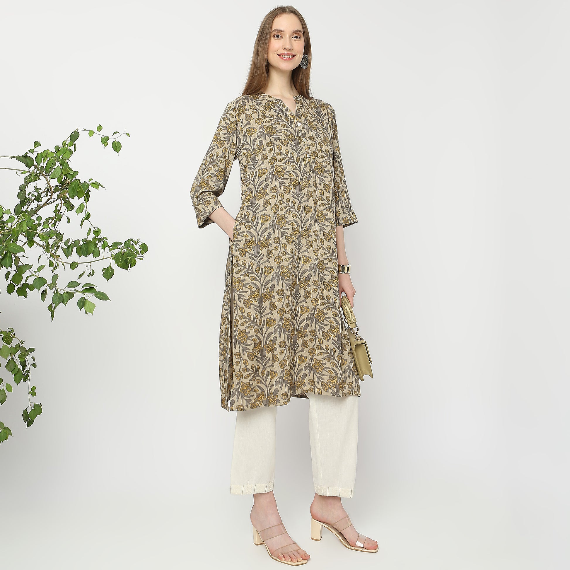Printed Below Knee Band Collar Straight Table Kurta