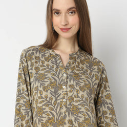 Printed Below Knee Band Collar Straight Table Kurta