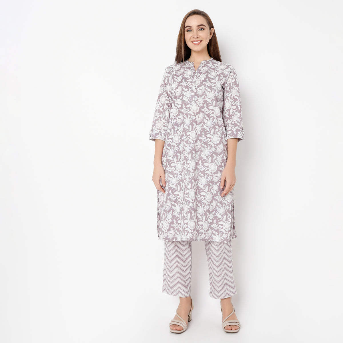 Straight Fit Floral Band Collar Kurta