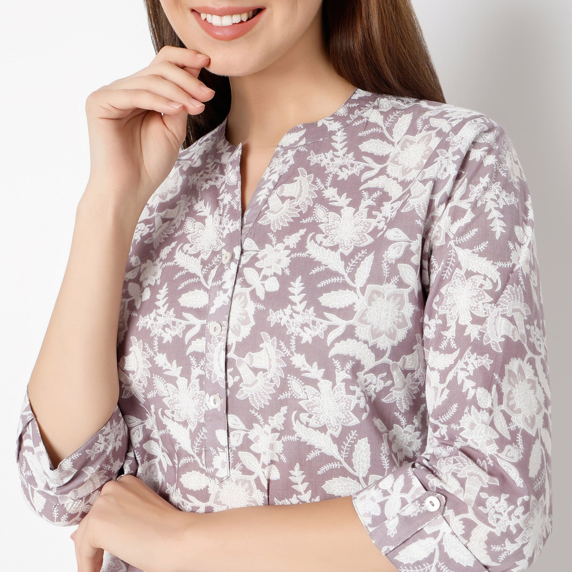 Straight Fit Floral Band Collar Kurta