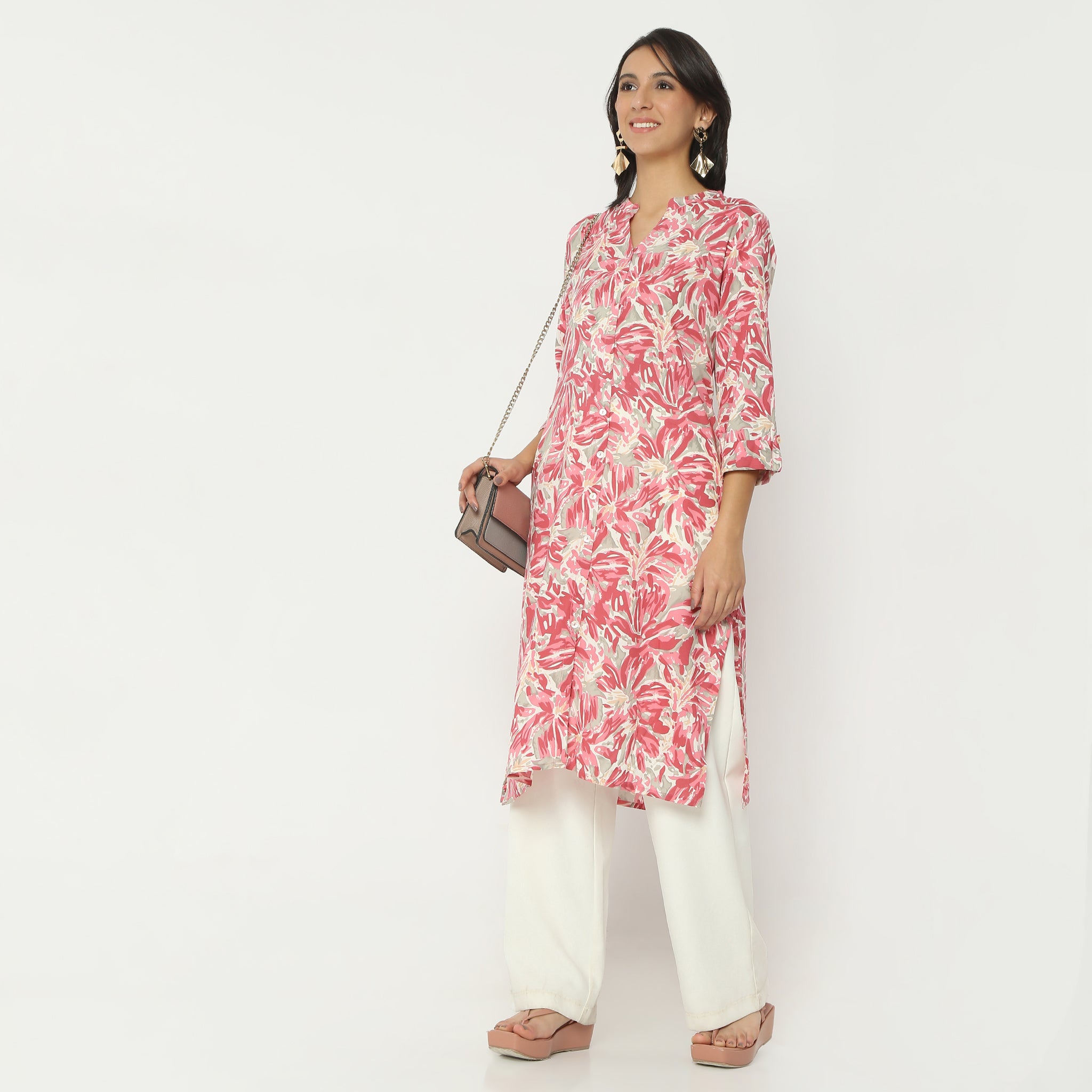 Straight Fit Printed Band Collar Calf Length Kurta