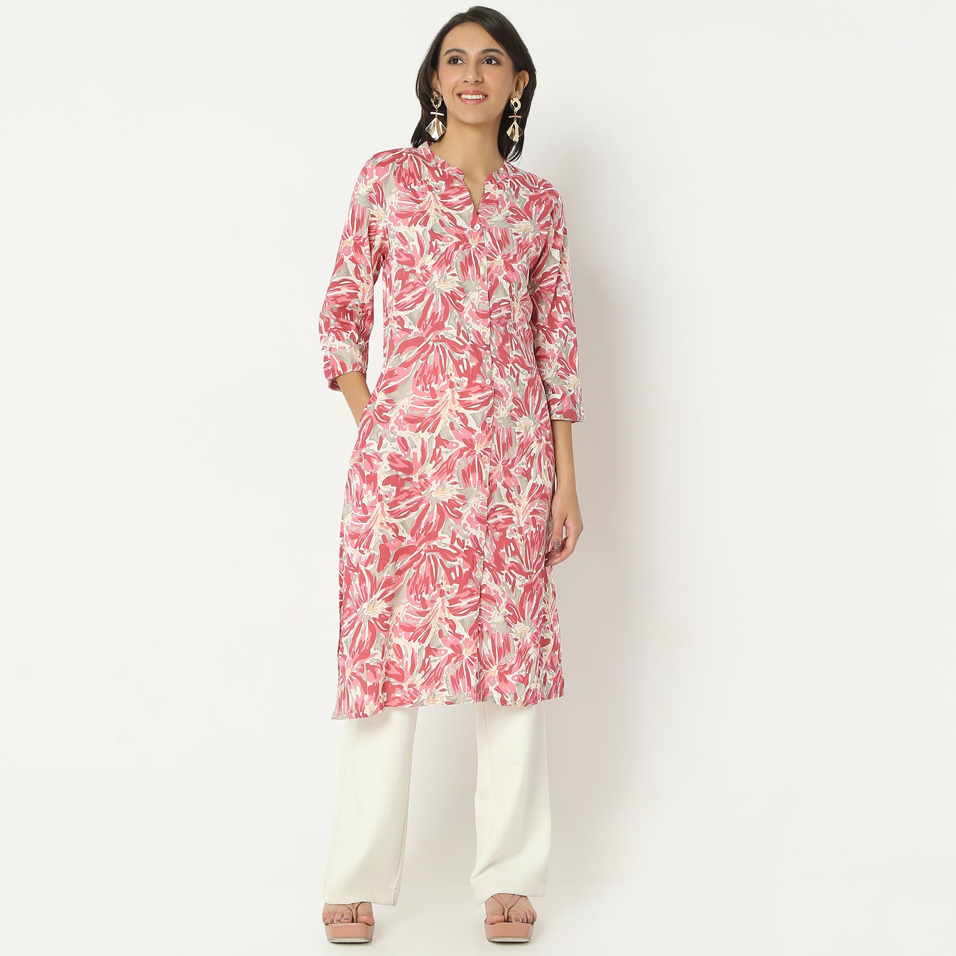 Straight Fit Printed Band Collar Calf Length Kurta