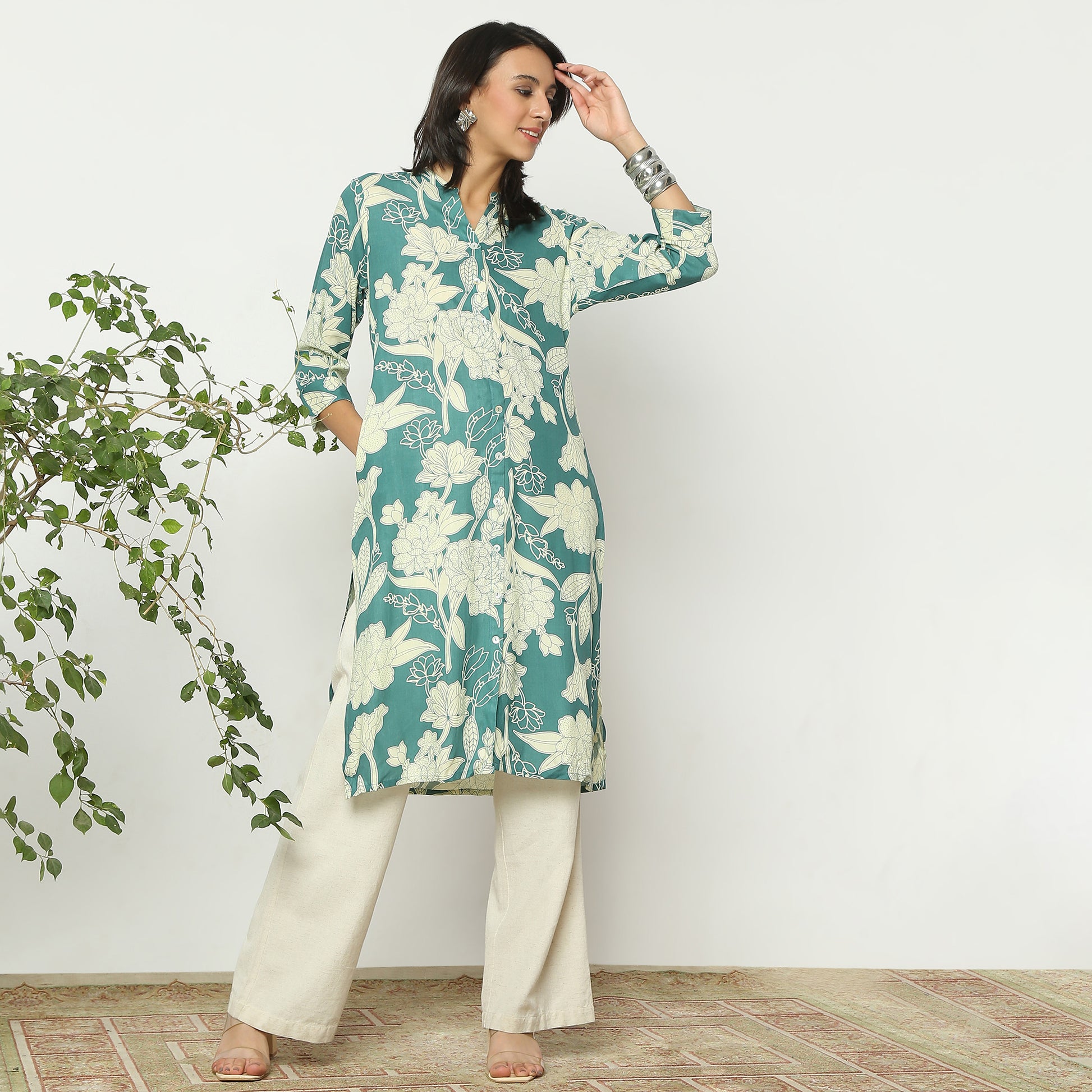 Straight Fit Printed Band Collar Calf Length Kurta
