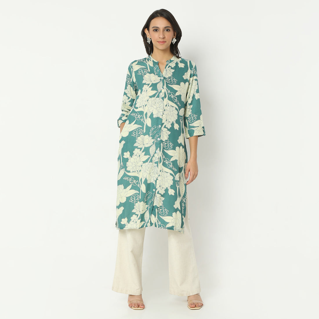 Straight Fit Printed Band Collar Calf Length Kurta