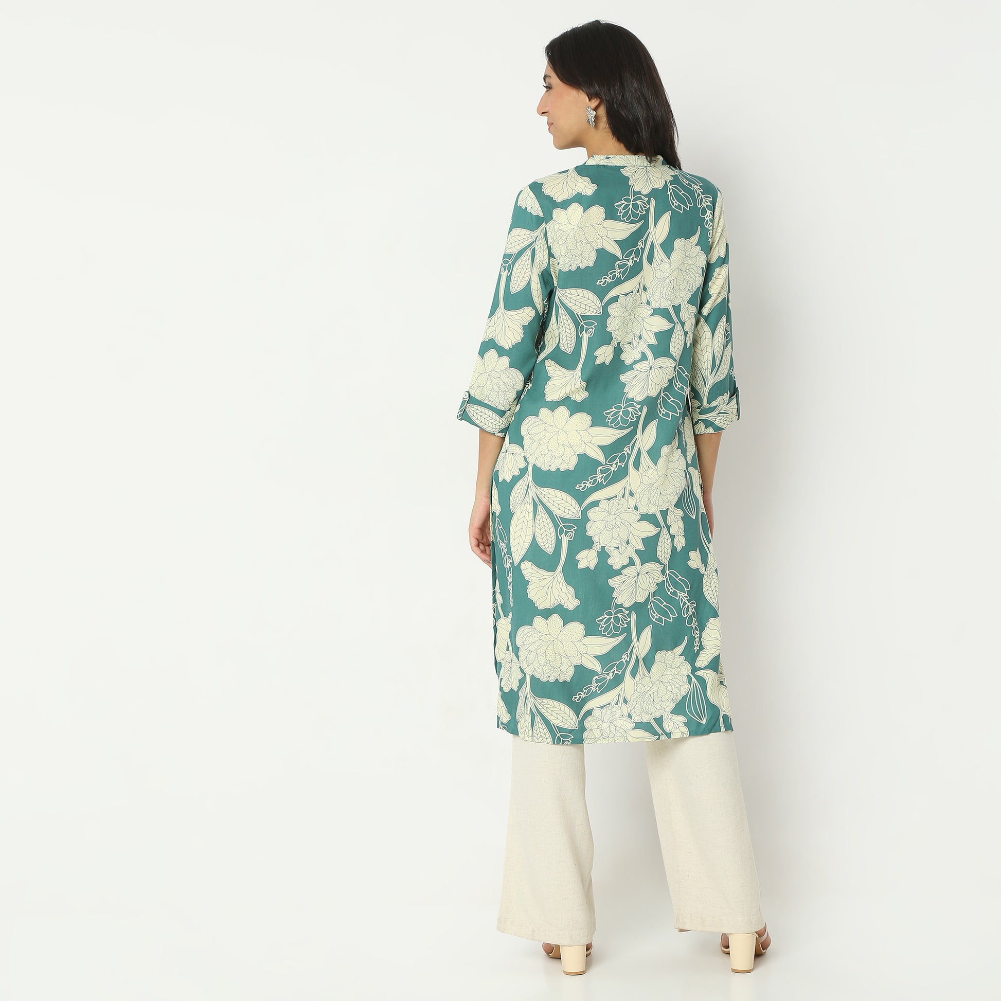 Straight Fit Printed Band Collar Calf Length Kurta