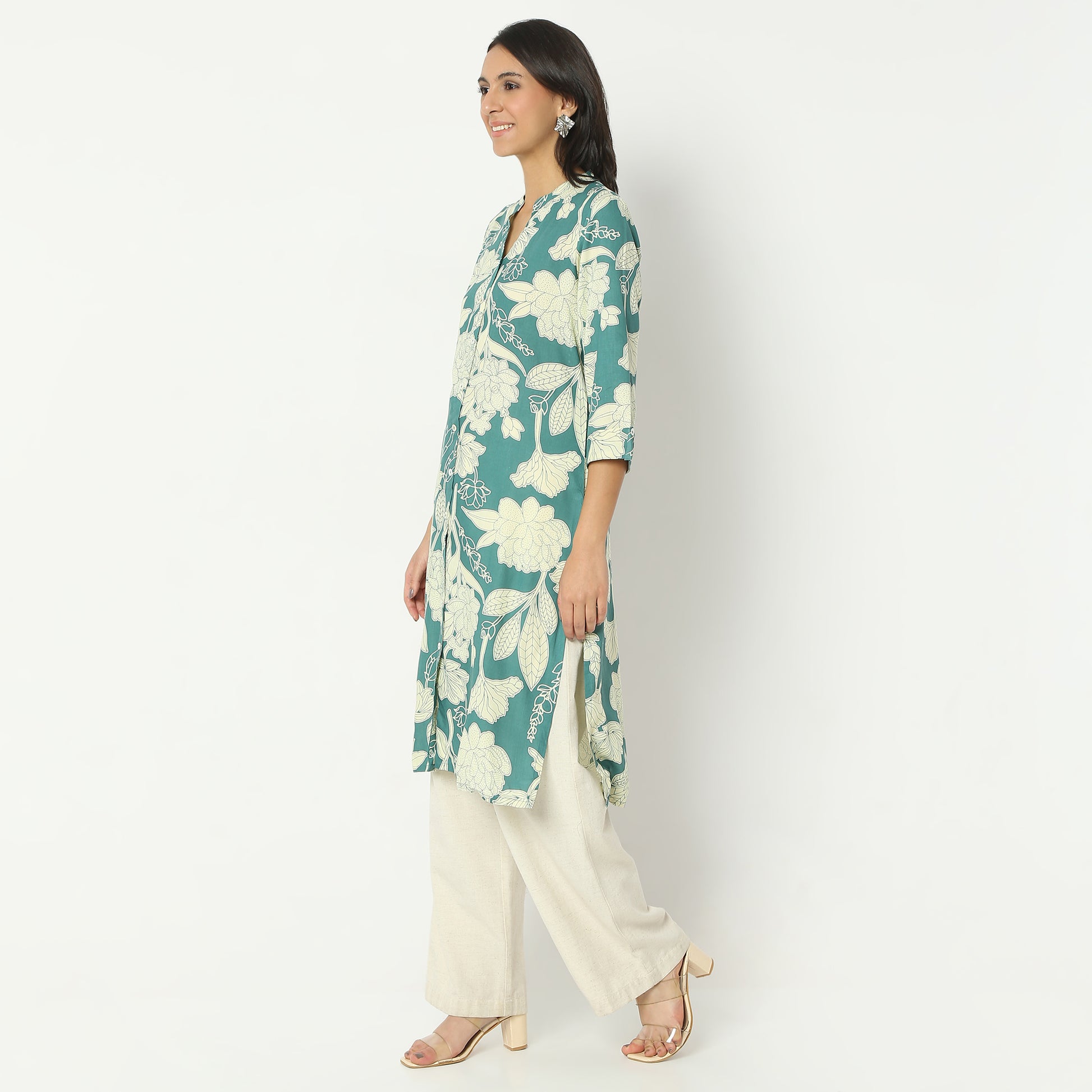 Straight Fit Printed Band Collar Calf Length Kurta