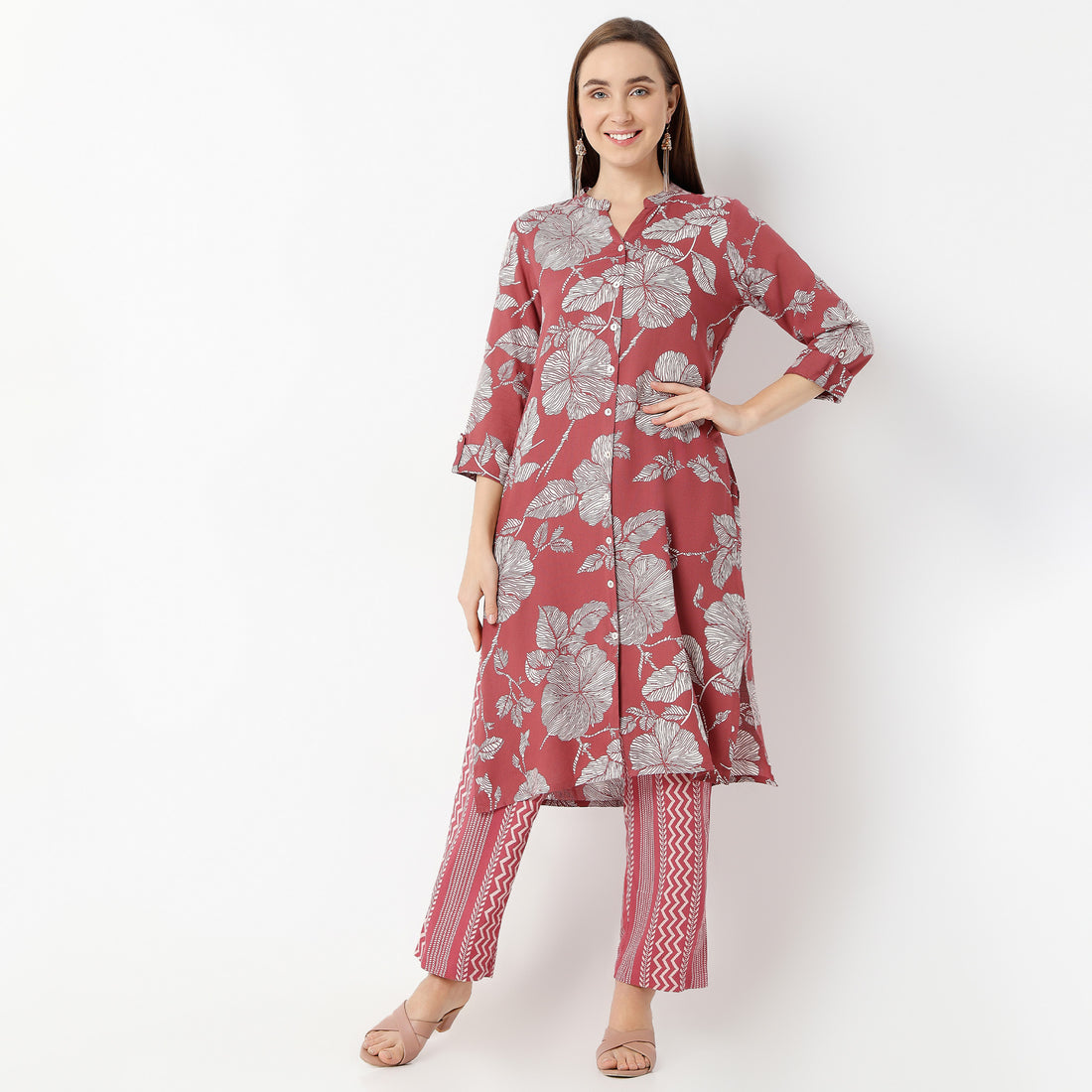 Straight Fit Printed Band Collar Kurta