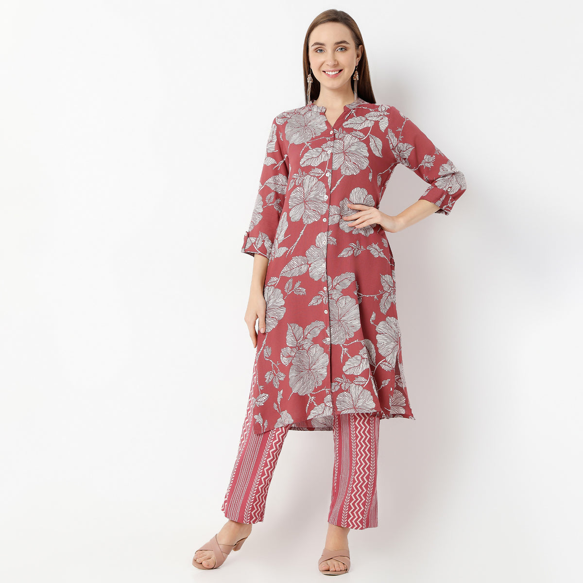 Straight Fit Printed Band Collar Kurta