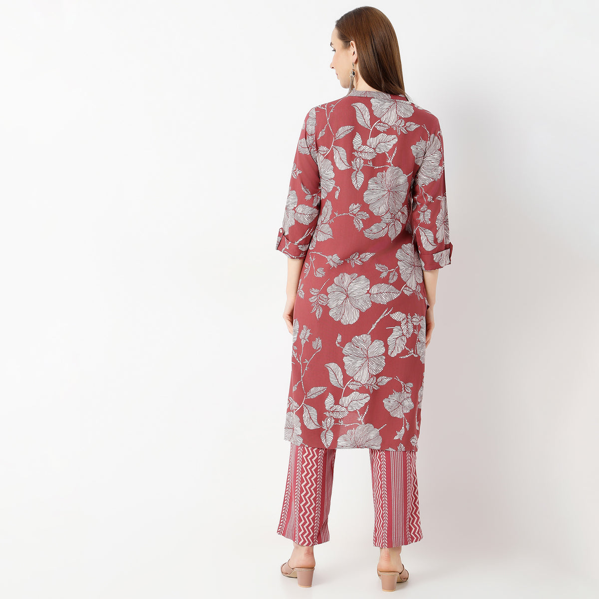 Straight Fit Printed Band Collar Kurta