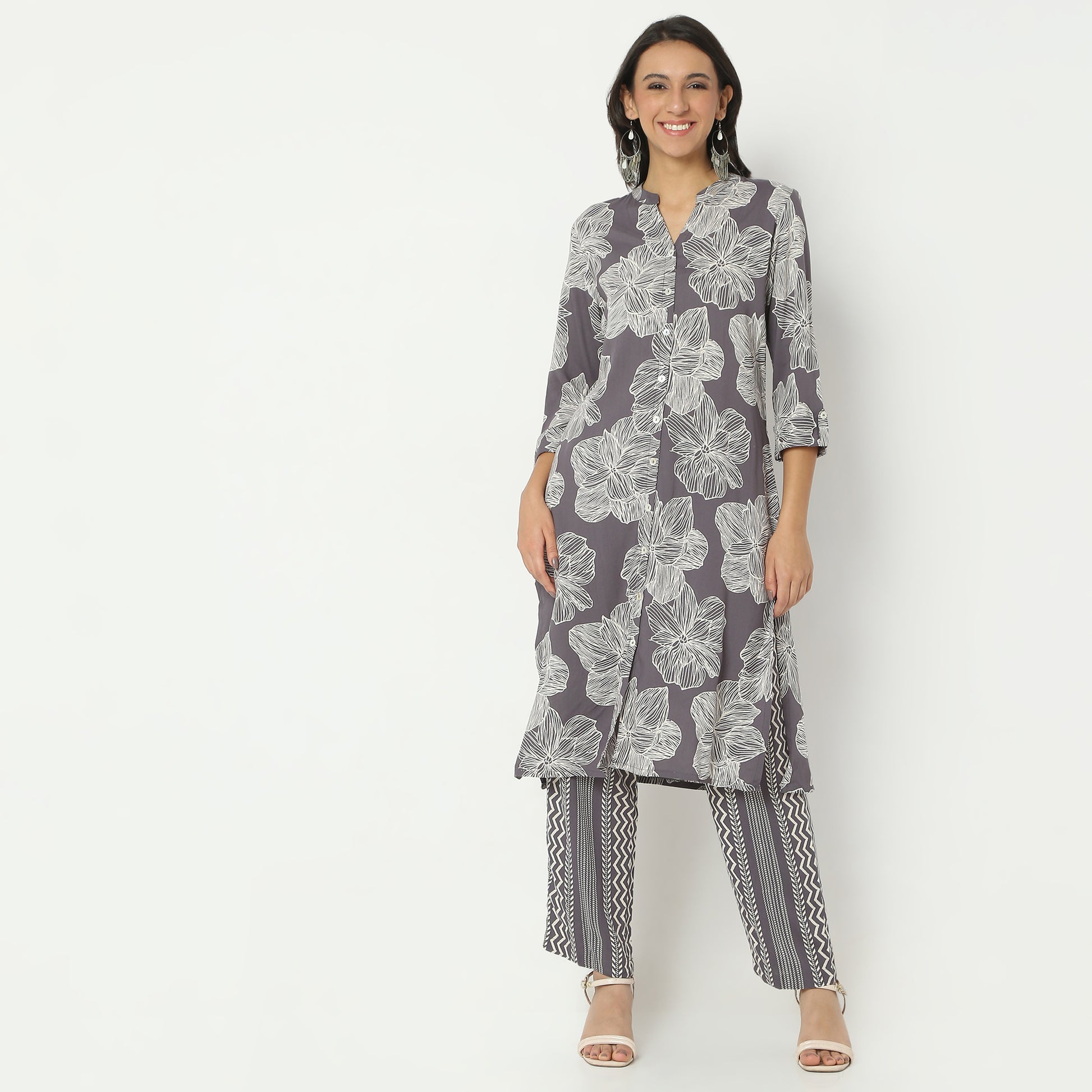 Straight Fit Printed Band Collar Calf Length Kurta