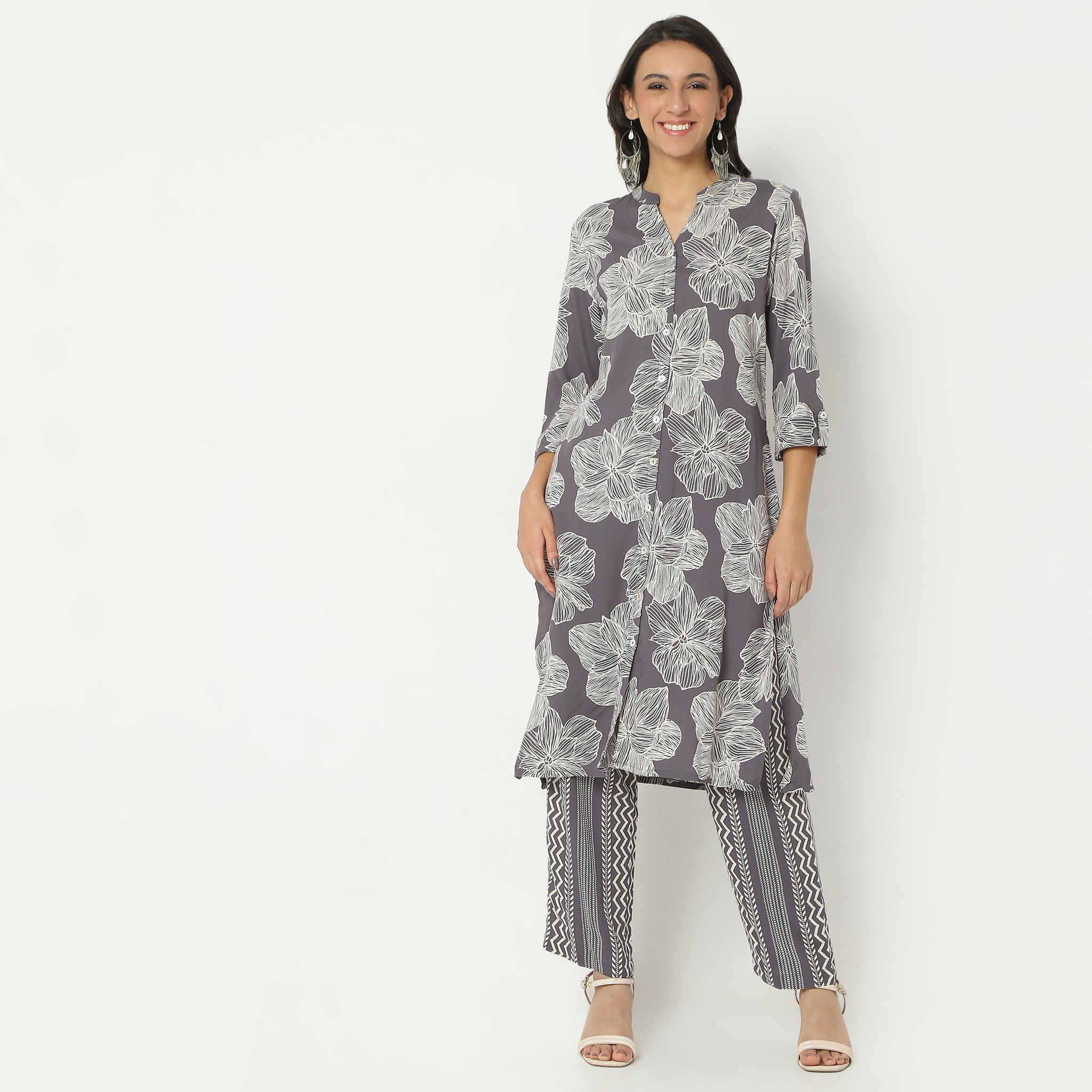 Straight Fit Printed Band Collar Calf Length Kurta