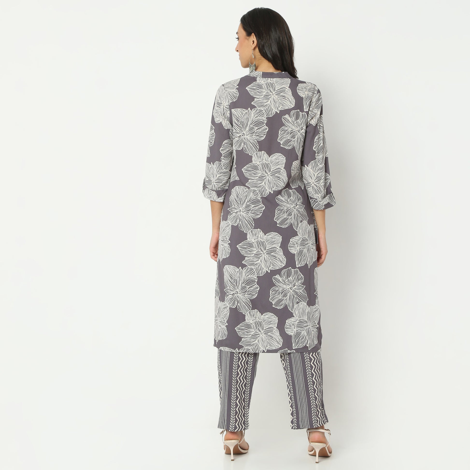 Straight Fit Printed Band Collar Calf Length Kurta