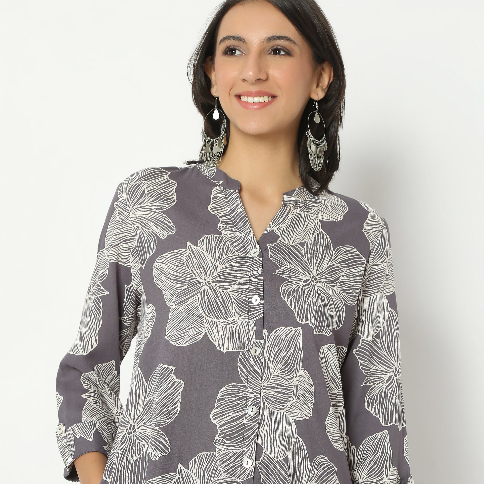 Straight Fit Printed Band Collar Calf Length Kurta