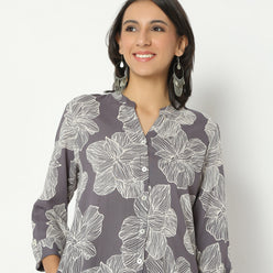 Straight Fit Printed Band Collar Calf Length Kurta