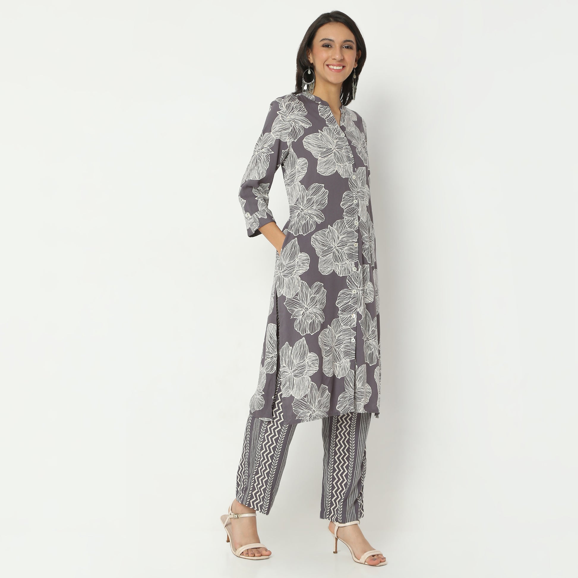 Straight Fit Printed Band Collar Calf Length Kurta