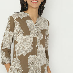 Straight Fit Printed Band Collar Calf Length Kurta