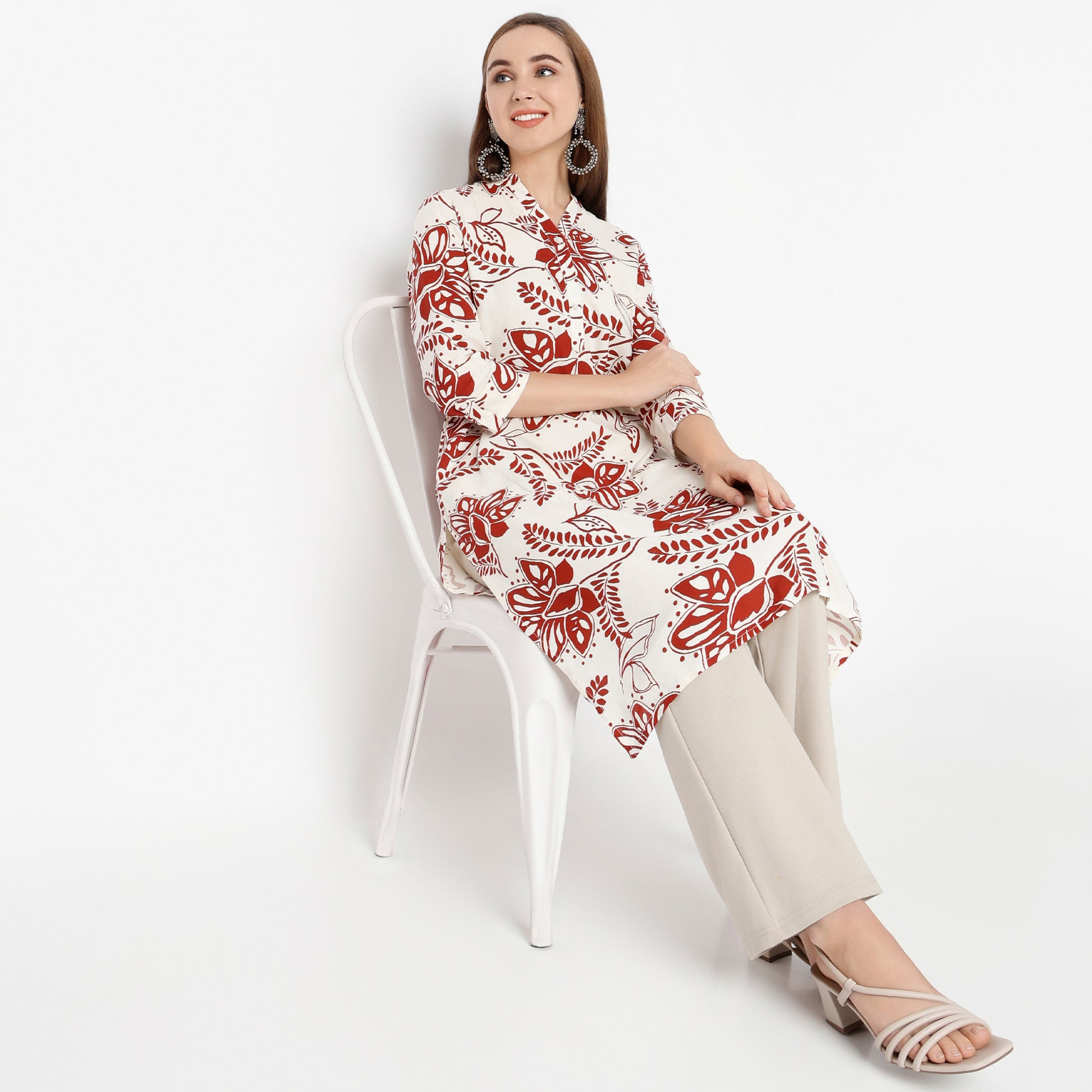 Straight Fit Printed Band Collar Kurta