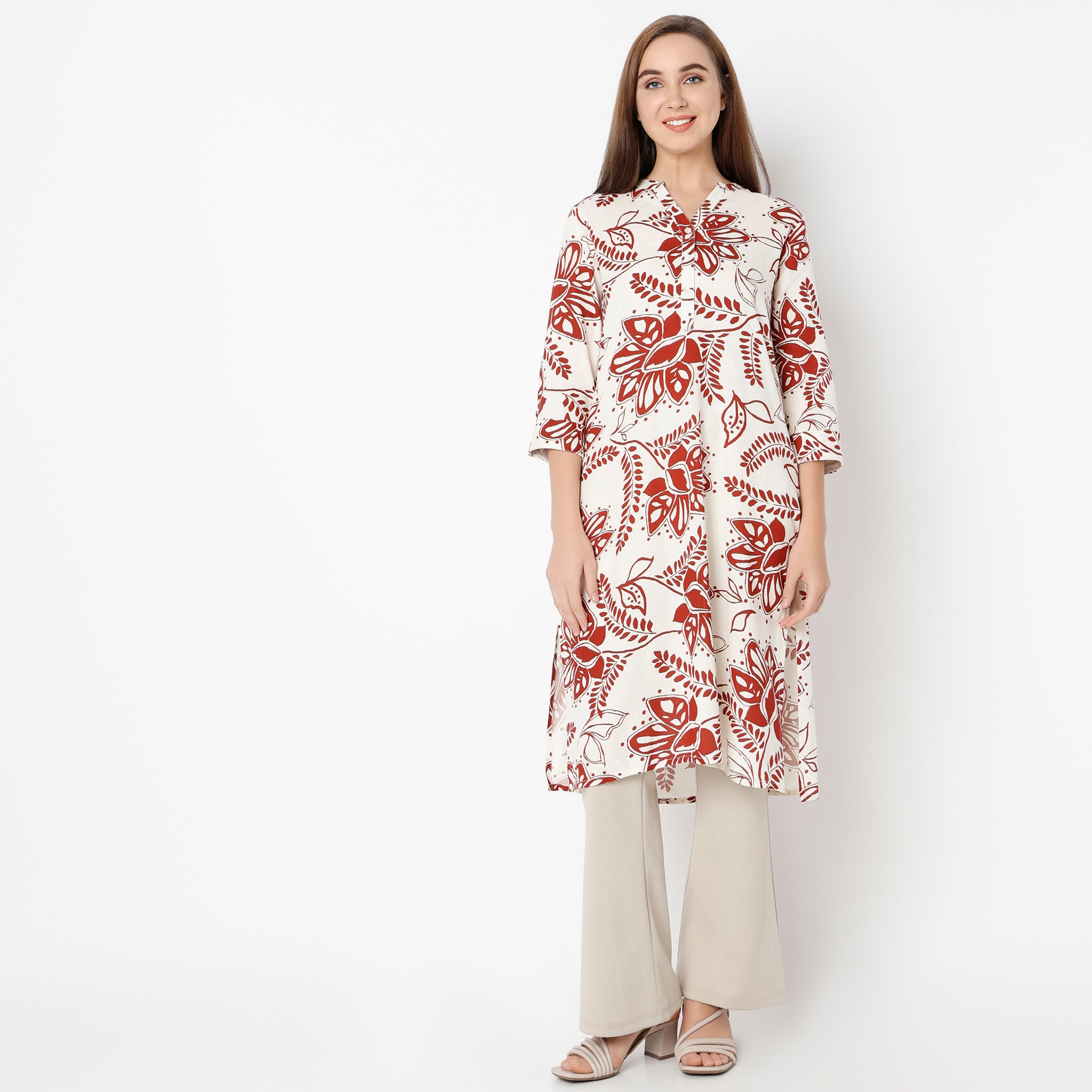 Straight Fit Printed Band Collar Kurta