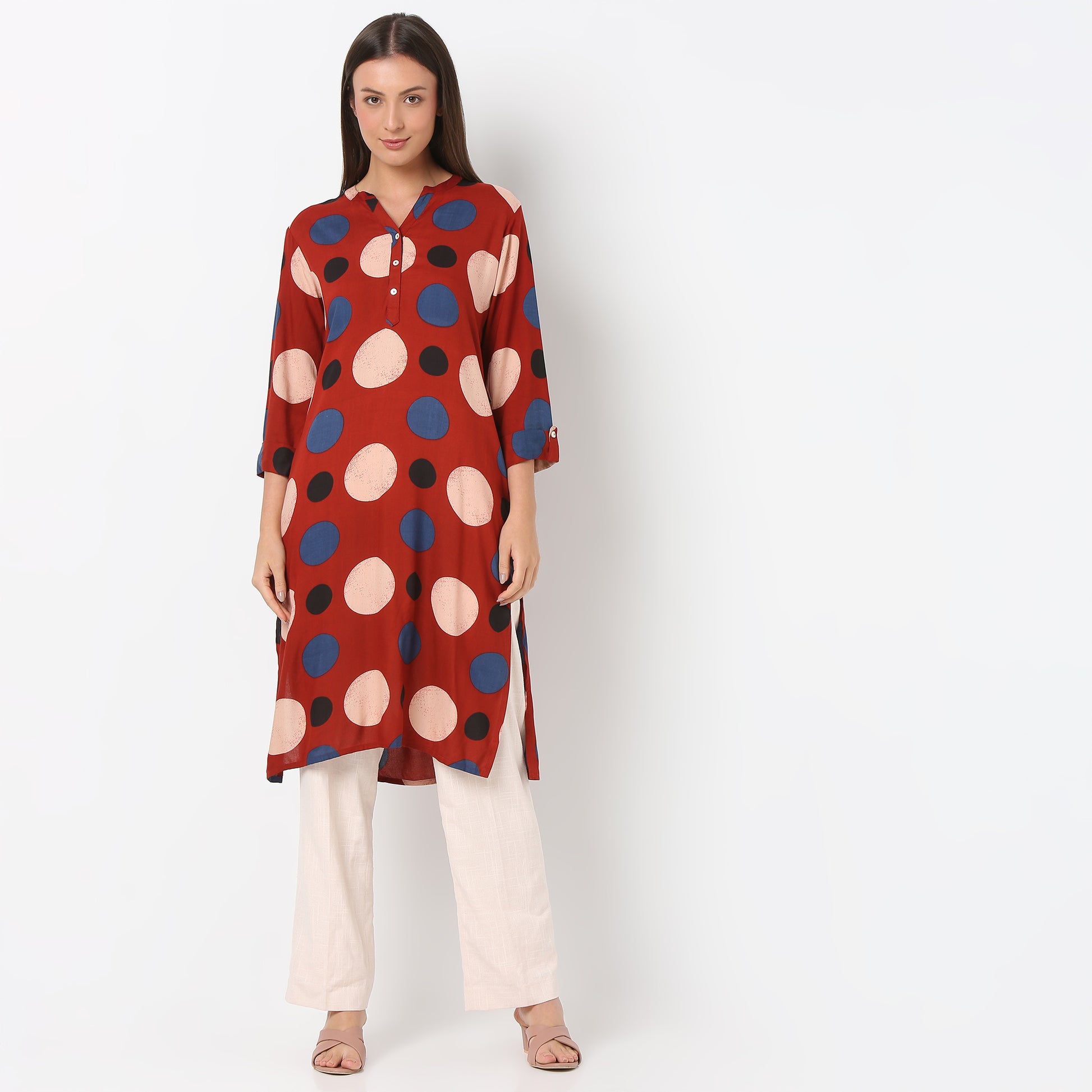 Band Neck Knee Length Three-Fourth Sleeve Printed Straight Fit Kurta