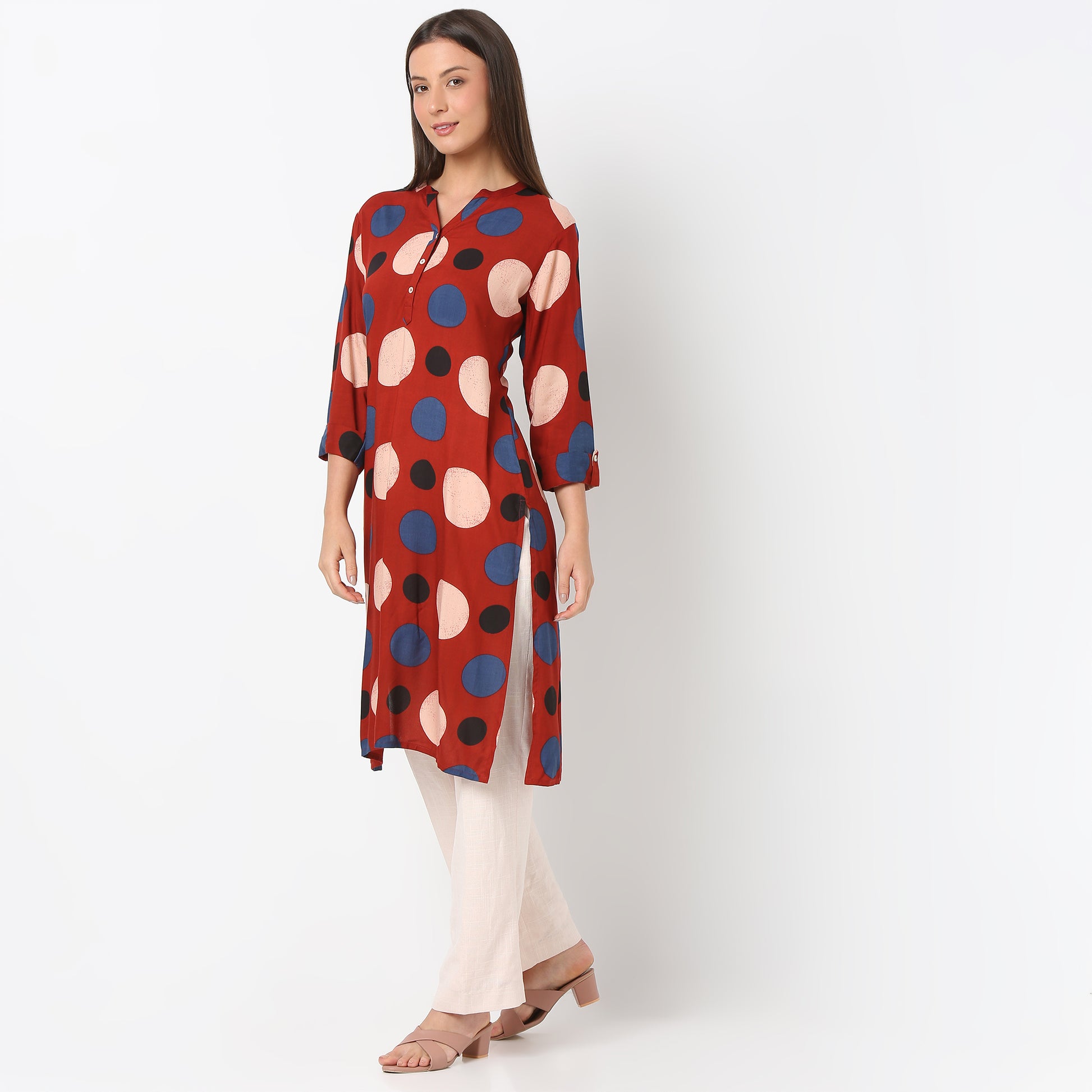 Band Neck Knee Length Three-Fourth Sleeve Printed Straight Fit Kurta