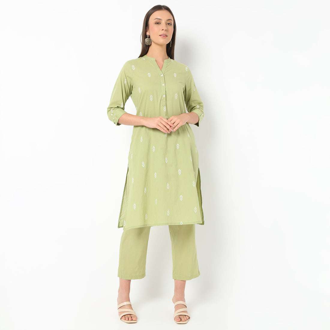 Band Neck Knee Length Three-Fourth Sleeve Printed Straight Fit Kurta