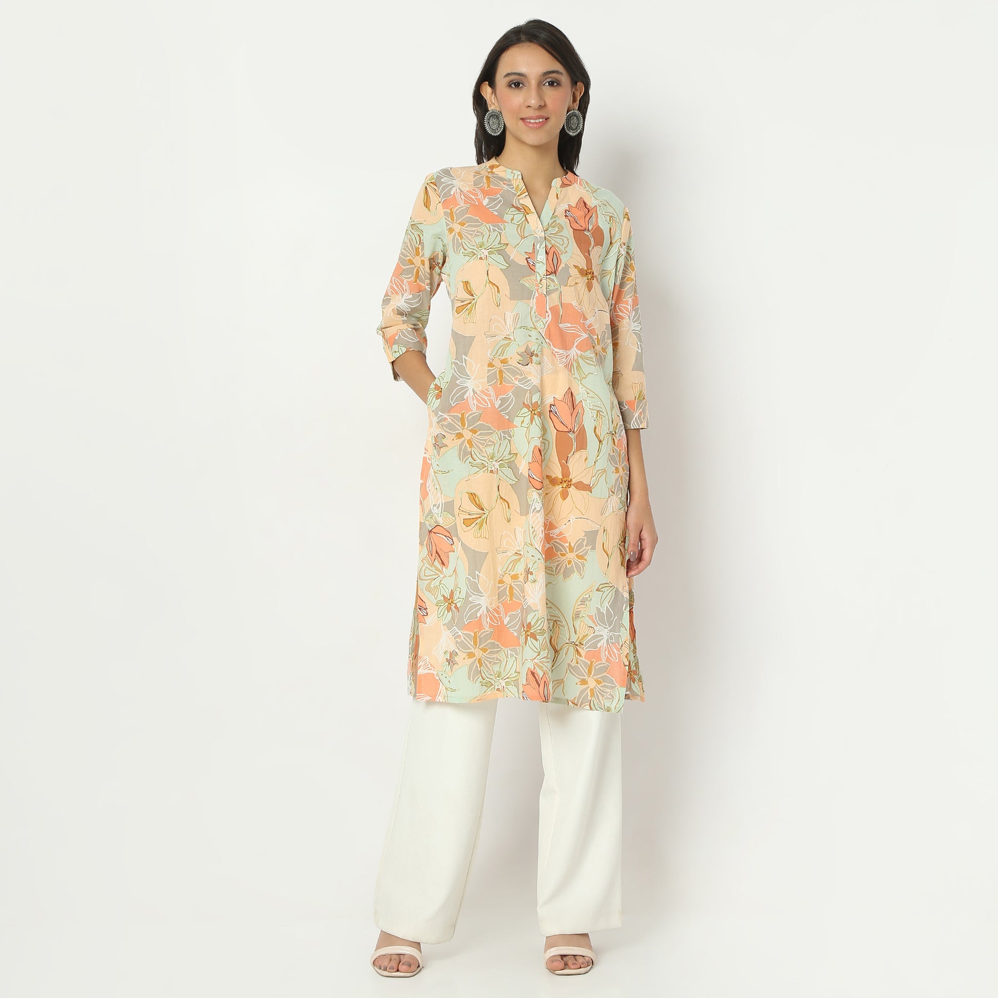 Straight Fit Printed Band Neck Calf Length Kurta