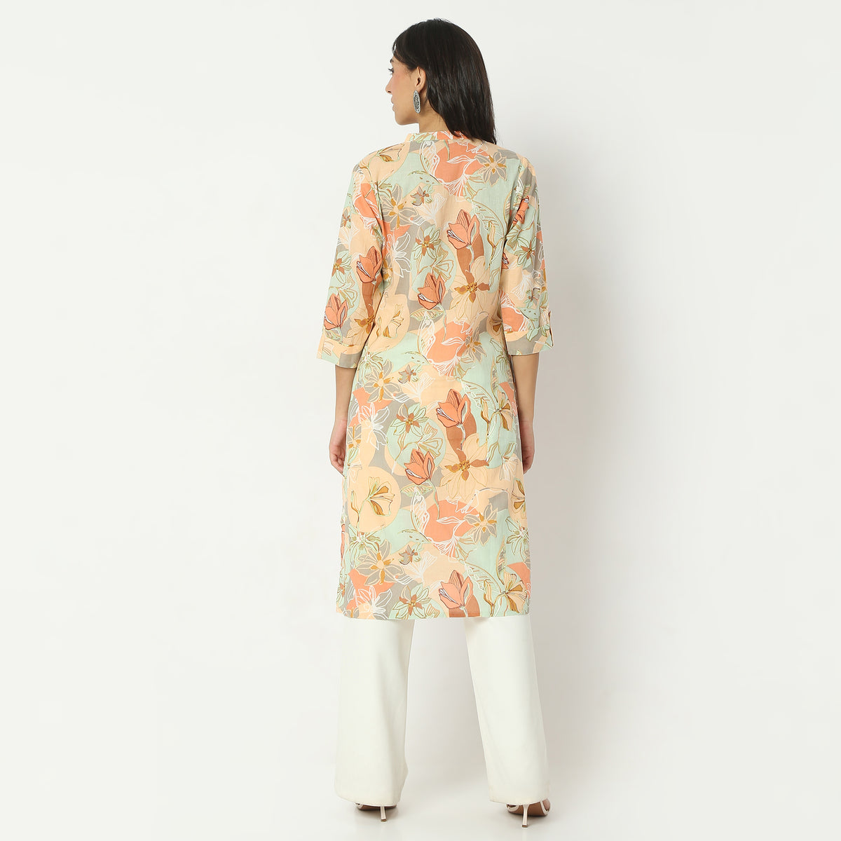 Straight Fit Printed Band Neck Calf Length Kurta