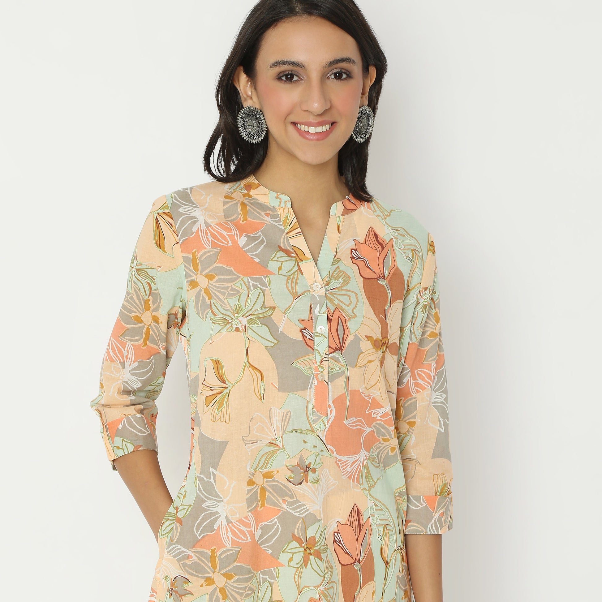 Straight Fit Printed Band Neck Calf Length Kurta