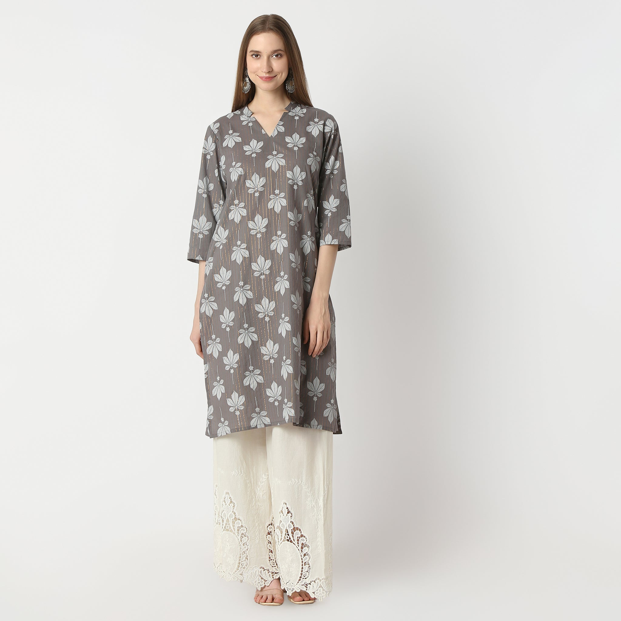 Straight Fit Floral Print Knee Length Kurta