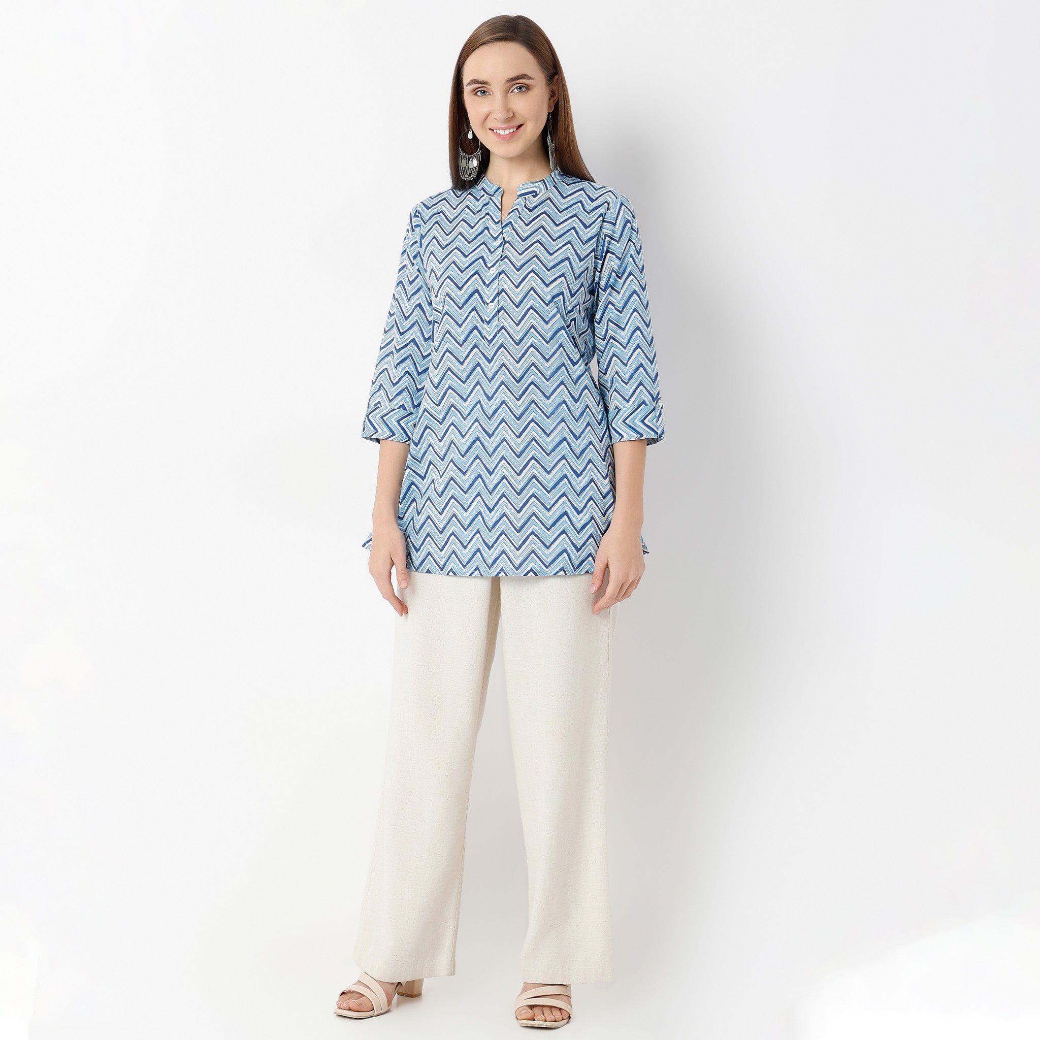 Straight Fit Printed Band Neck Kurta