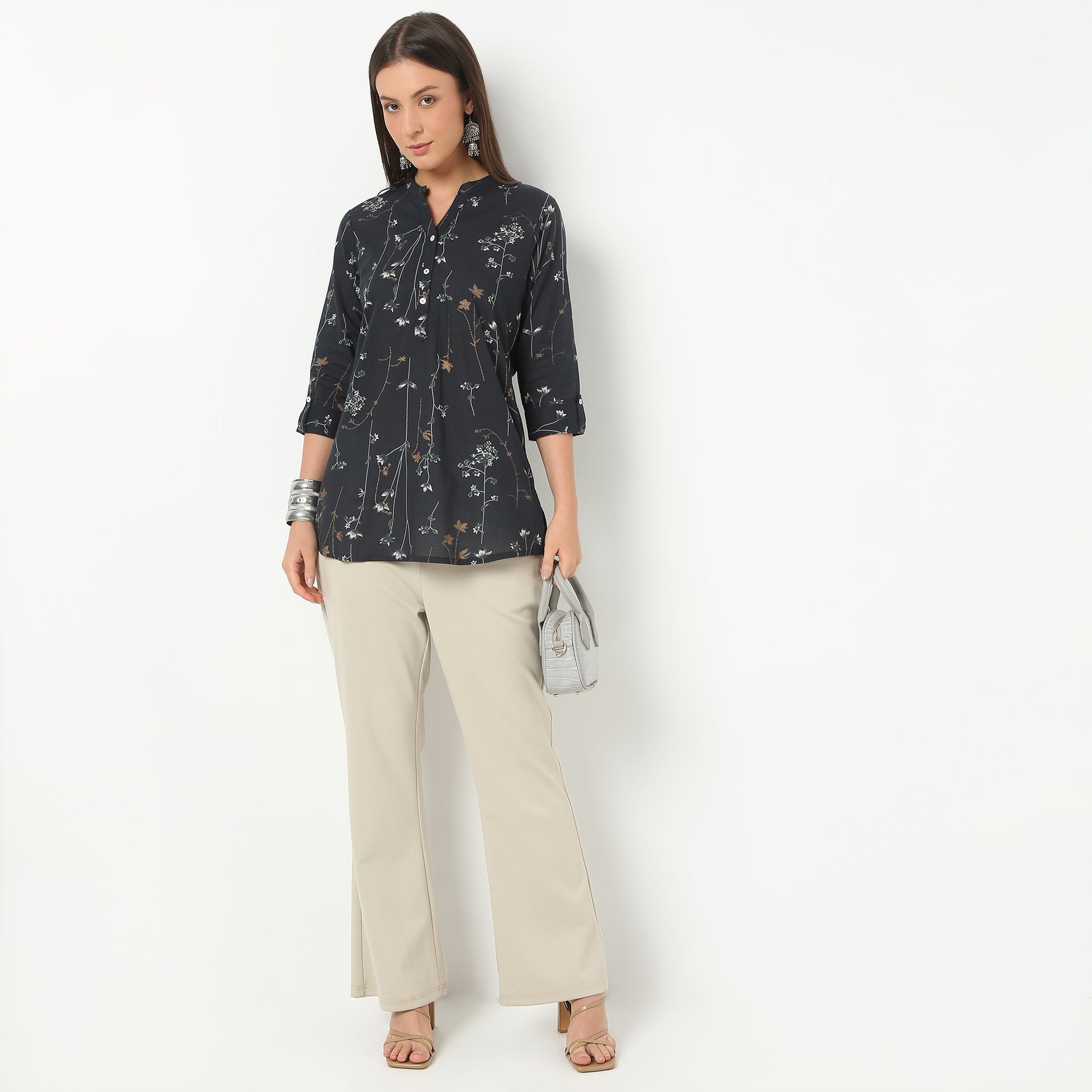 Band Neck Short Length Three-Fourth Sleeve Printed Straight Fit Kurta