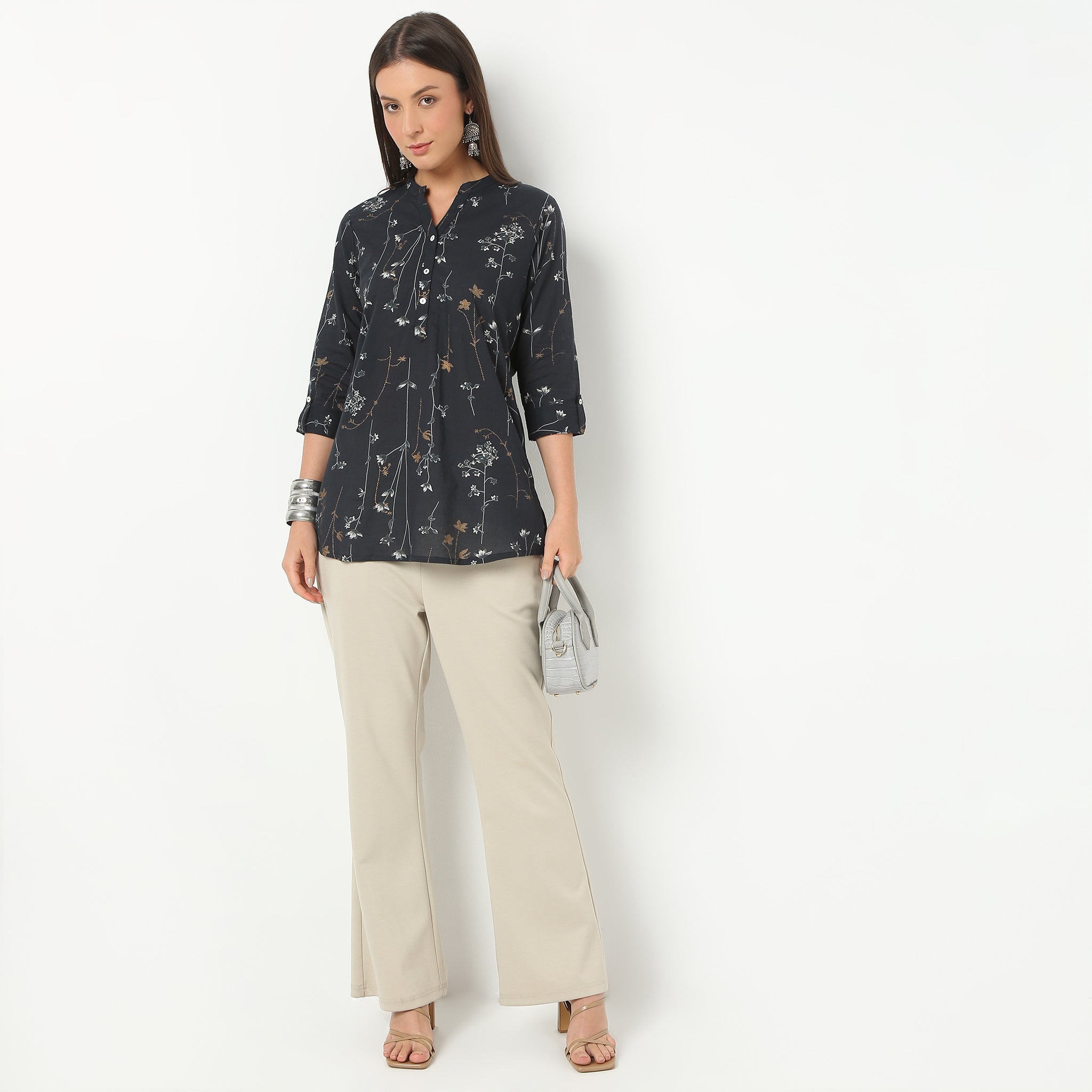 Band Neck Short Length Three-Fourth Sleeve Printed Straight Fit Kurta