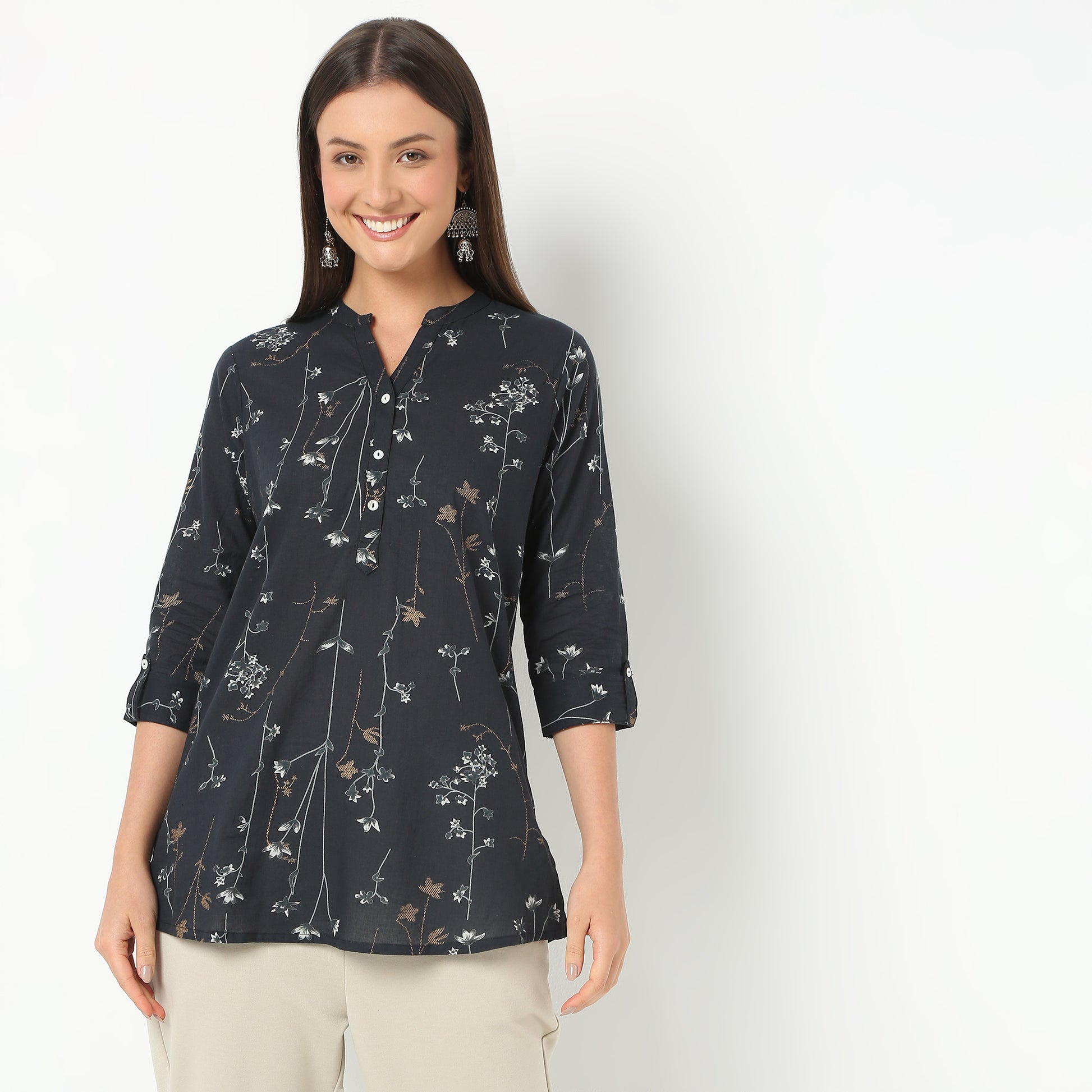 Band Neck Short Length Three-Fourth Sleeve Printed Straight Fit Kurta