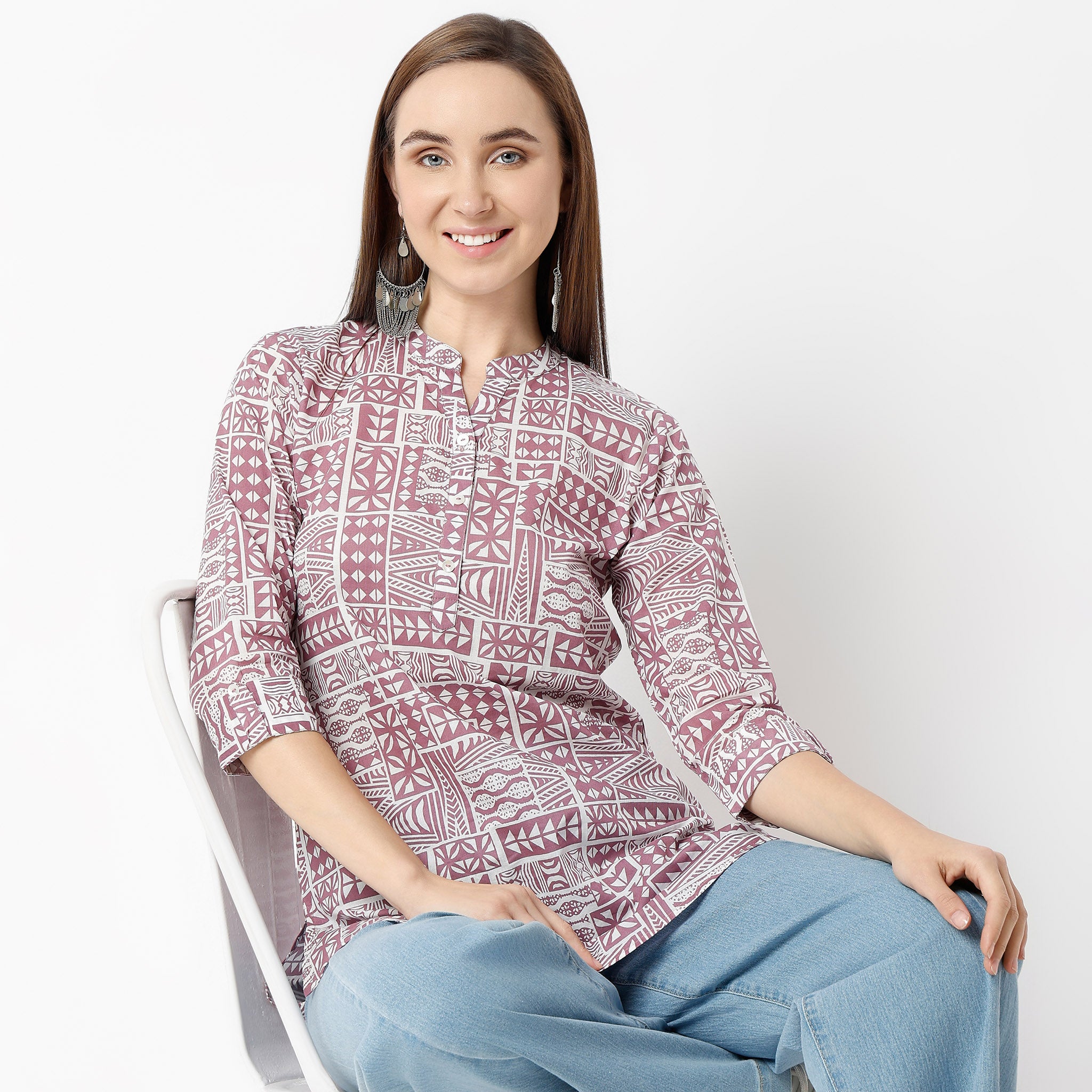 Straight Fit Printed Band Neck Kurta