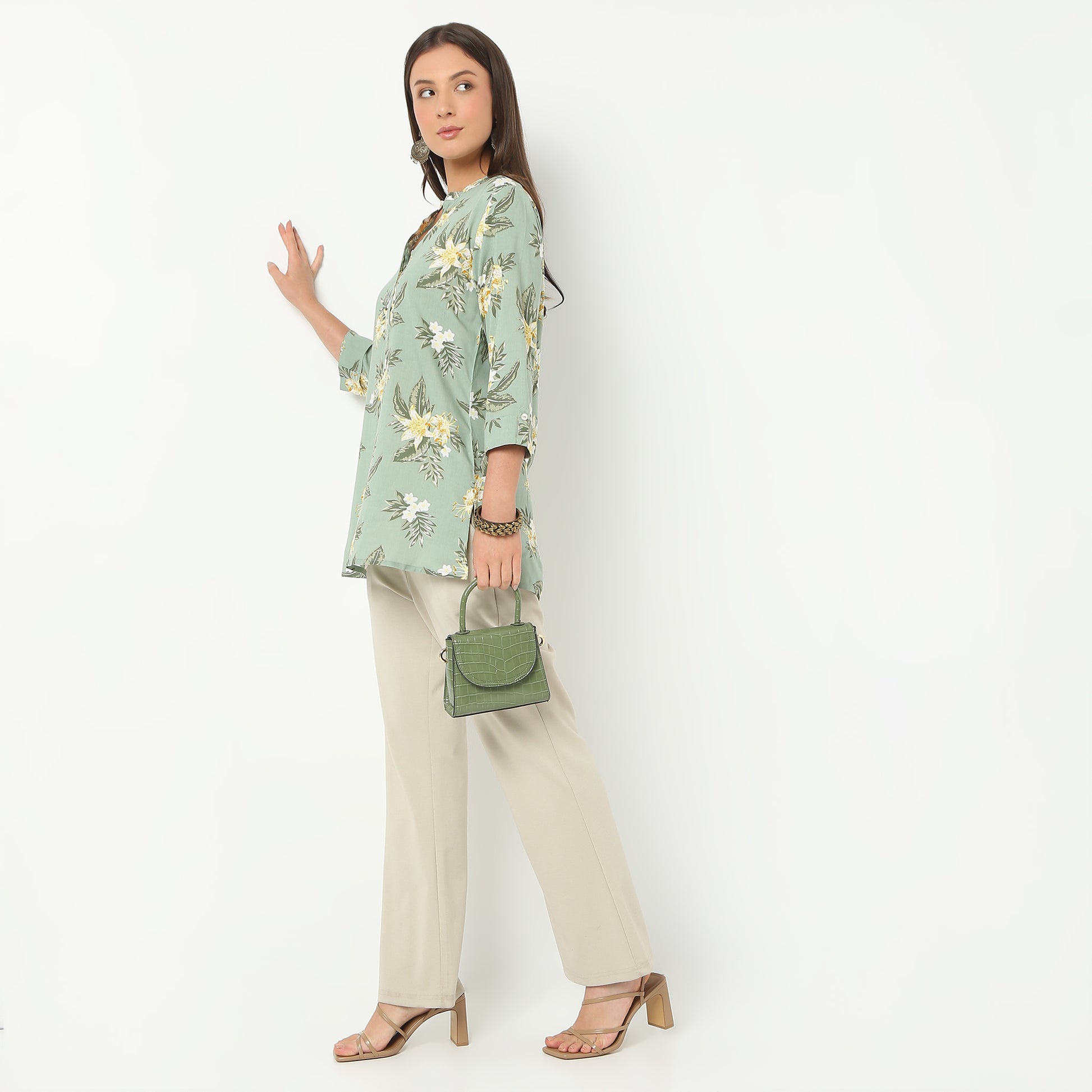 Band Neck Short Length Three-Fourth Sleeve Printed Straight Fit Kurta